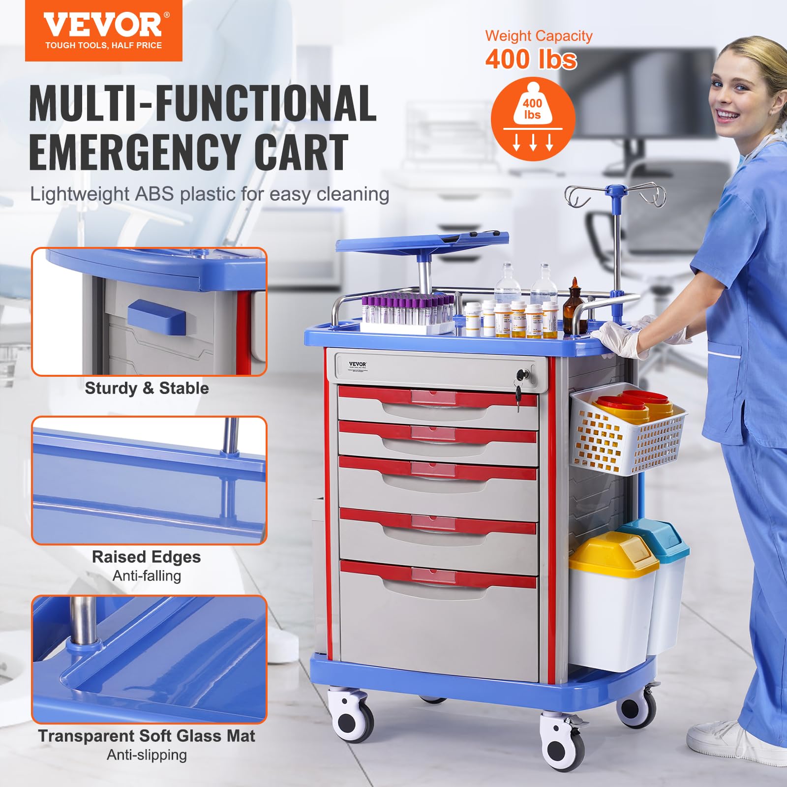VEVOR 5-Tier Lab Cart With 5 Drawers, 4 Silent Wheels & 2 Trash Cans - Mobile Medical Utility Cart, PP Material - for Clinic, Hospital, Salon, Blue