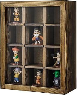MyGift Shadow Box with Shelves, Display Case with 12 Compartments for Collectibles, Rustic Burnt Solid Wood with Cork Back, Clear Acrylic Viewing Panel, Hinged Door with Magnetic Closure