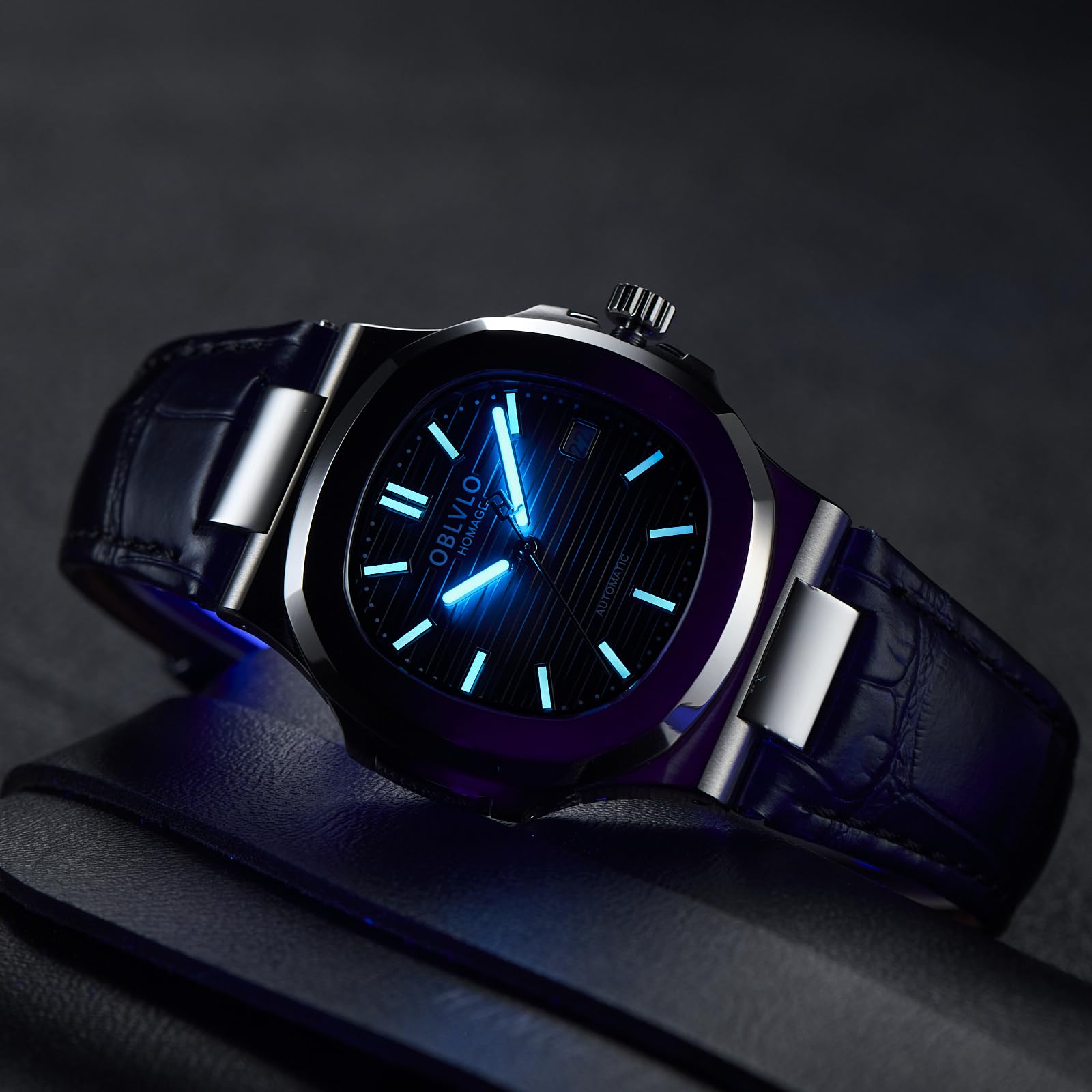 OBLVLO Elegante orologio da uomo automatico quadrato, cassa ultrasottile in acciaio inox da 8,5 mm, cinturino in pelle nera, display della data, Miyota 9015, FM-AT