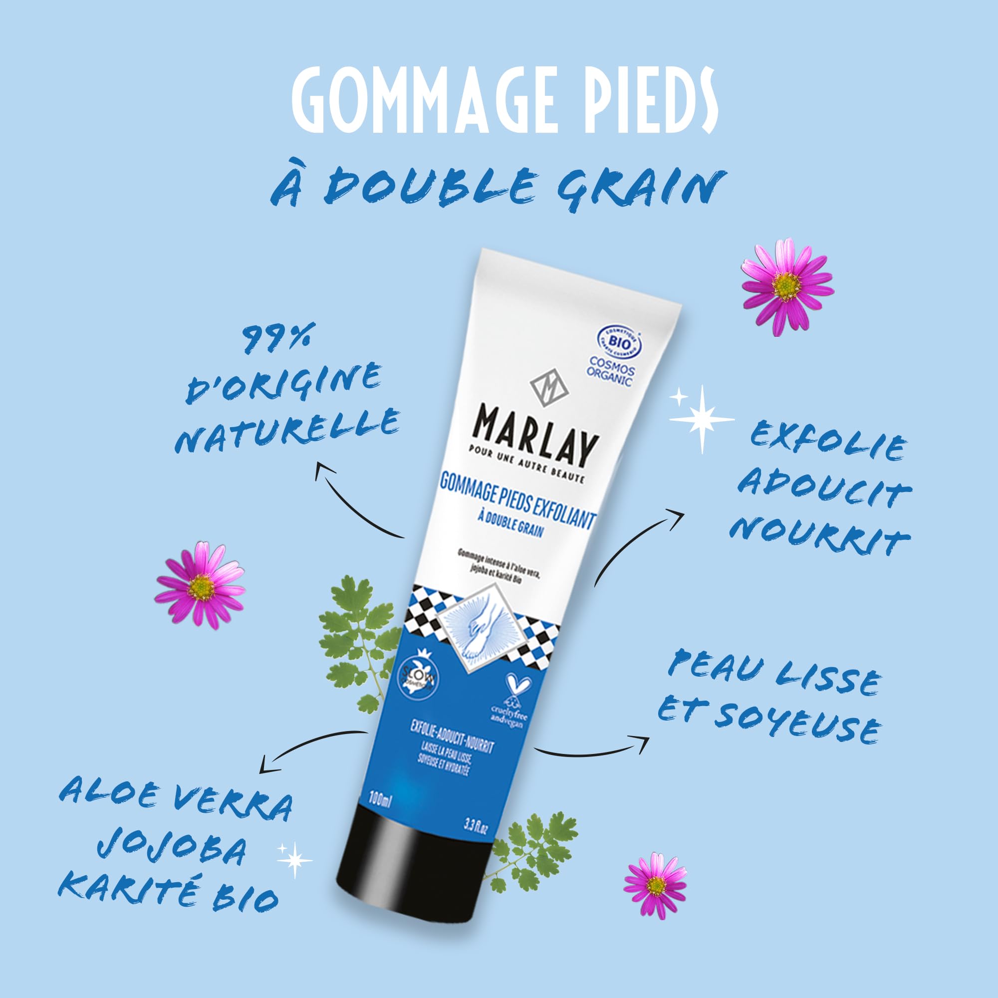 Marlay Cosmetics - Gommage Pieds Exfoliant 100 ml - Peeling Pied - Crème Exfoliante Bio Soin des Pieds - Aloé Vera, Beurre Karité, Huile Jojoba - Peaux Sèches - Fabriqué en France - Yuka 100/100