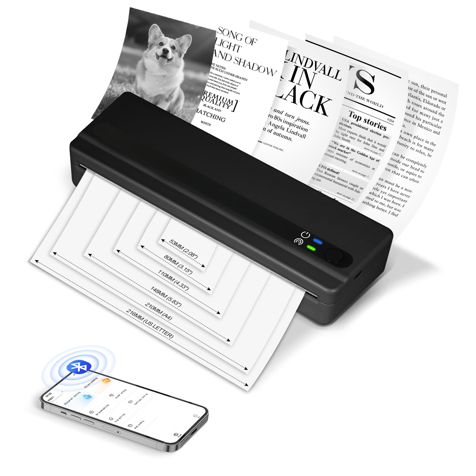 Tragbare Thermodrucker A4, Bluetooth Mobiler Drucker für Hause, Foto, Wireless Thermal Printer Kleine Kabelloser Drucker Kompatibel mit iOS, Android Smartphone, Tablet & Laptop (Schwarz)