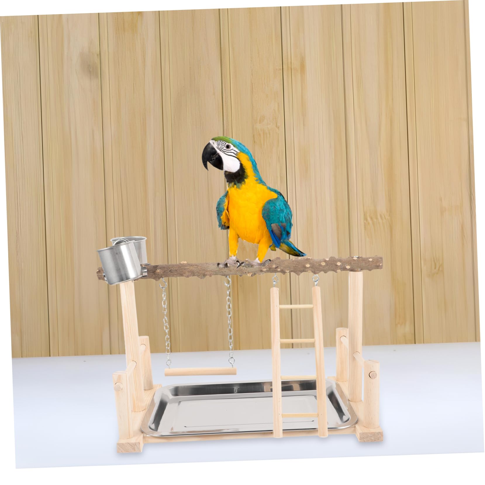 Happyyami 1set Posatoi Legno Per Pappagalli Piattaforma Interattiva Con Mangiatoia e Scala Accessori Per Uccelli Legno Naturale Spazio Per Giocare e Nutrire