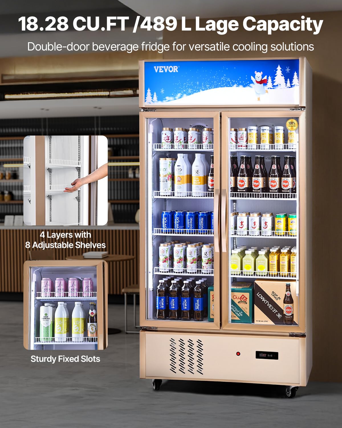 VEVOR Commercial Merchandiser Refrigerator 2 Glass Doors, Cubic Ft, Upright Display Beverage Cooler 79