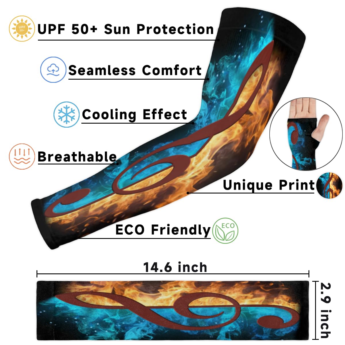Gardening Sleeves for Women Men Arm Sleeves Music Water Fire Anti-Slip Defense Sun Protection Sleeves Breathable UV Cooling Farmer Sleeves Cover Arms for Sport Outdoor Running