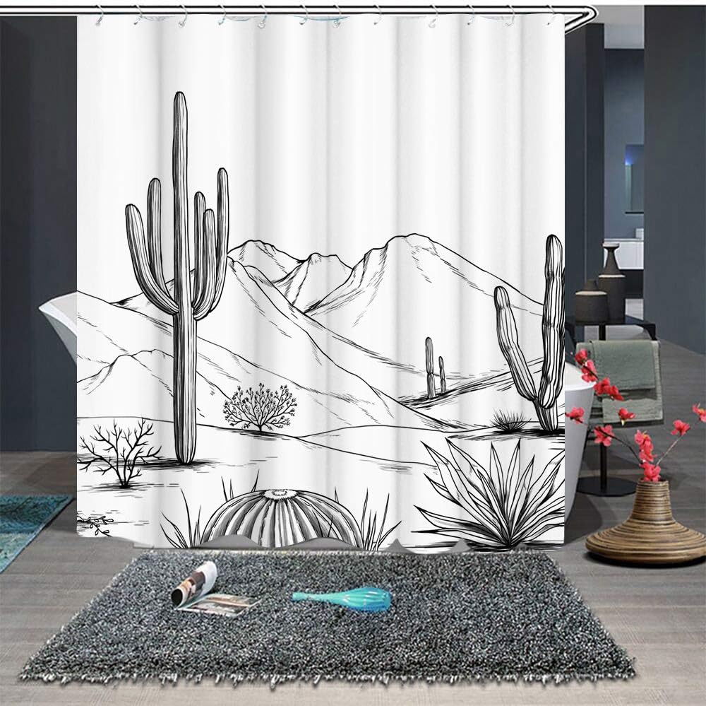RnnJoile Western Shower Curtain Aztec Cactus Desert Bath Curtain Black White Bathroom Decor with Hooks Waterproof Fabric 72"×72"