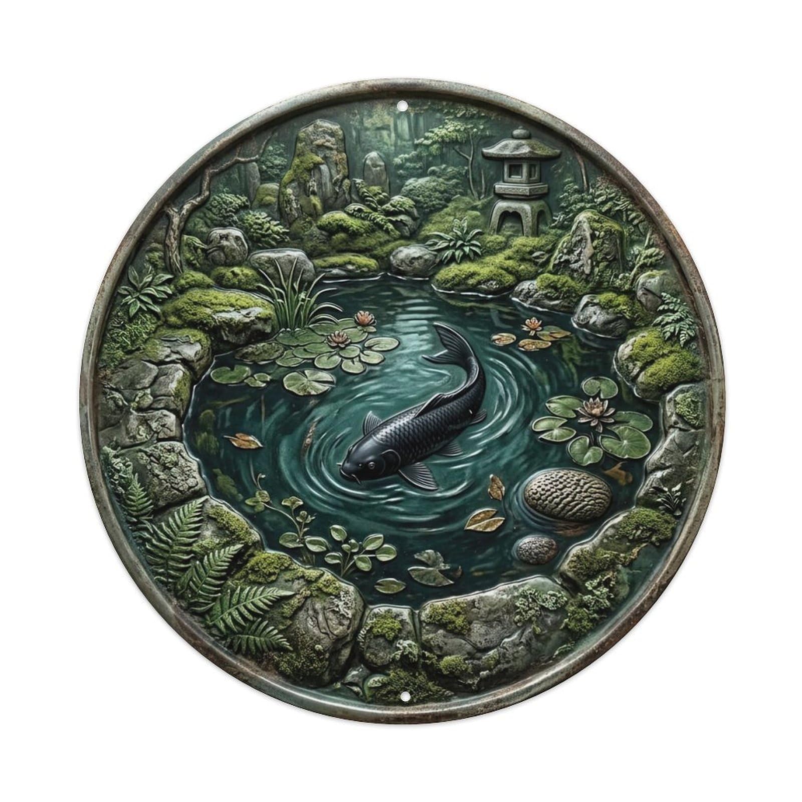 Moss Garden Ancient Koi Fish Metal Tin Sign Plaque Wall Decor for Cafe, Club, Garden Round Metal Poster 8x8Inch