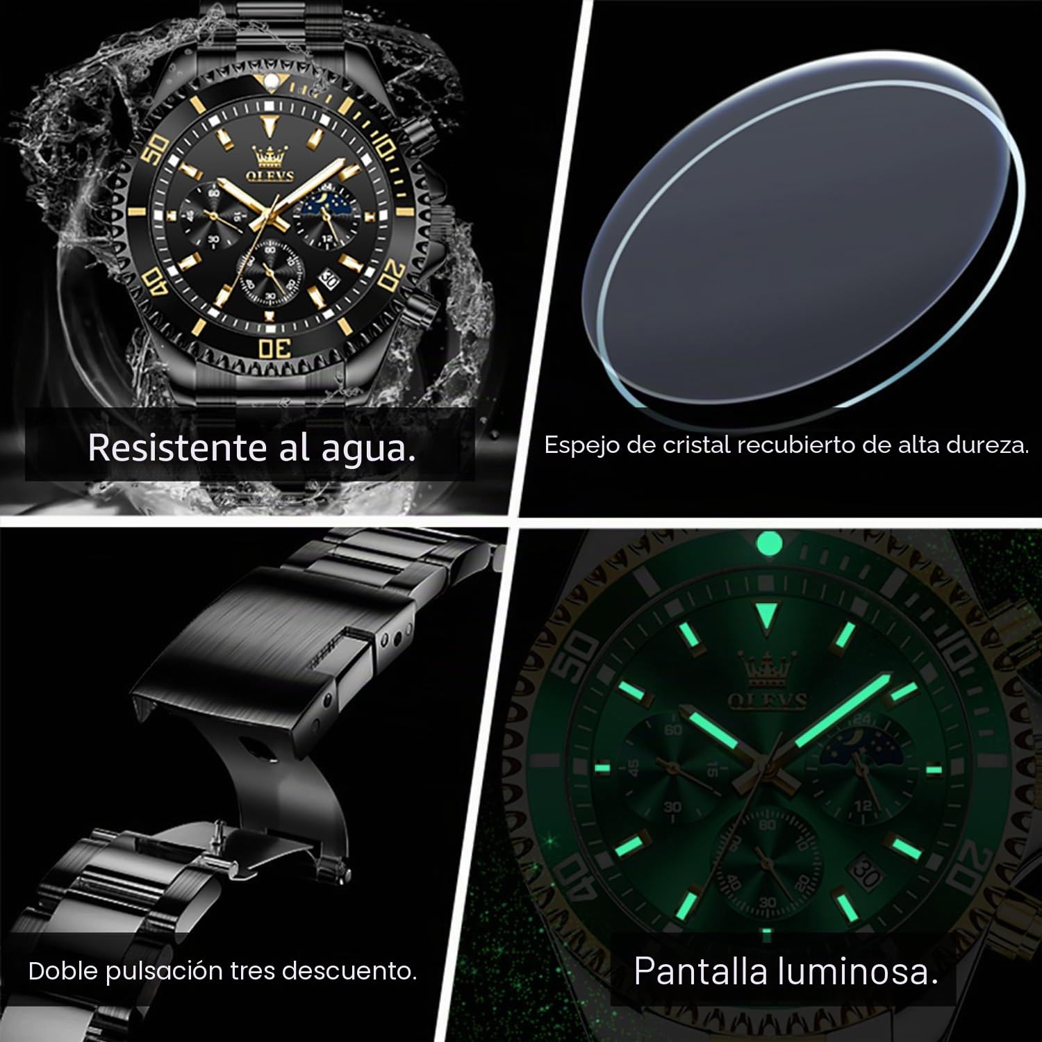 OLEVS reloj de Esfera Verde para Hombres Moda Cronómetro Impermeable Cuarzo, Acero Inoxidable Oro y Plata, Pulsera Multifuncional