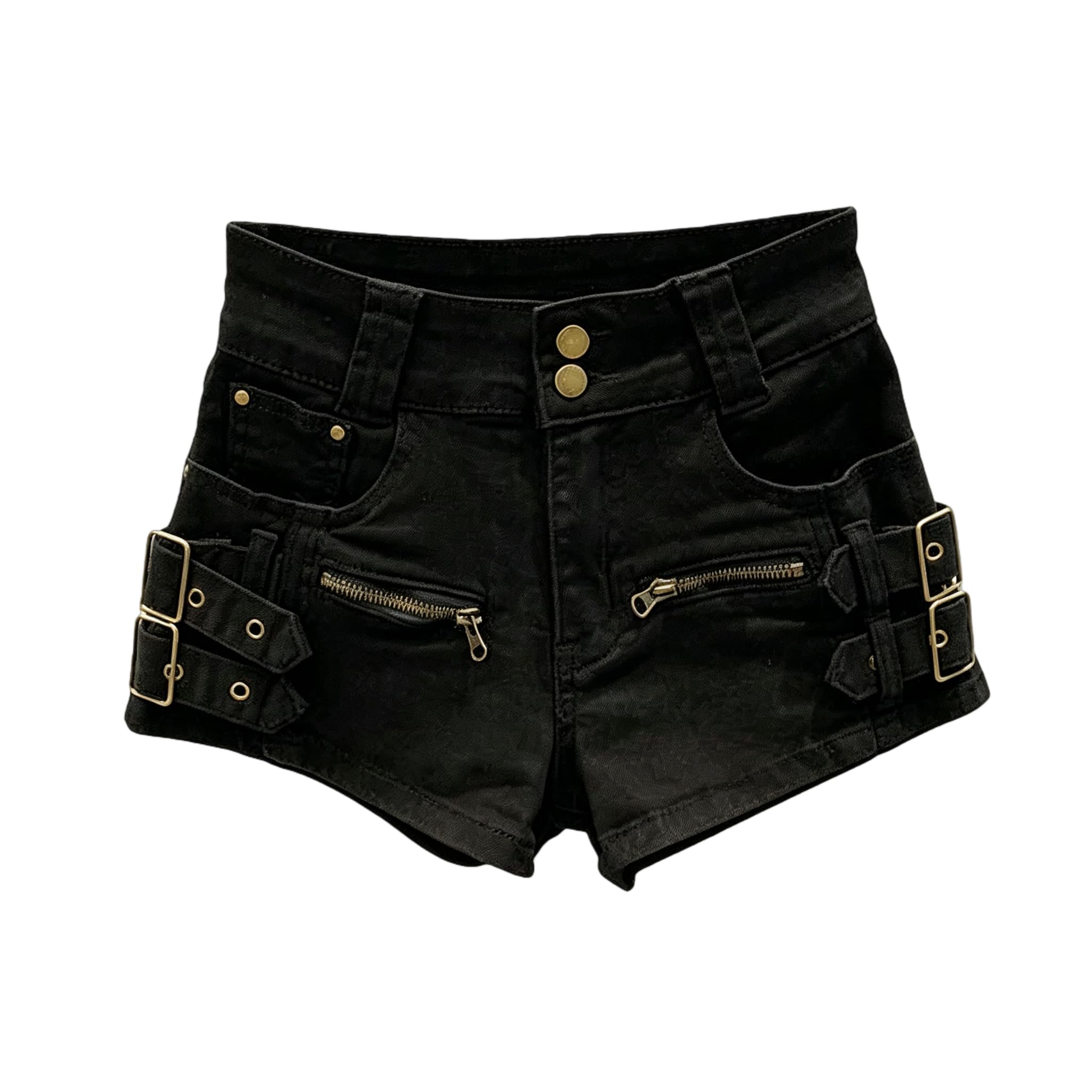 Shorts Jeans Donna Donne Harajuku Low Rise Denim Metallo Fibbia Zipper Decor Retro Streetwear Mini Pantaloni Caldi-Black-m