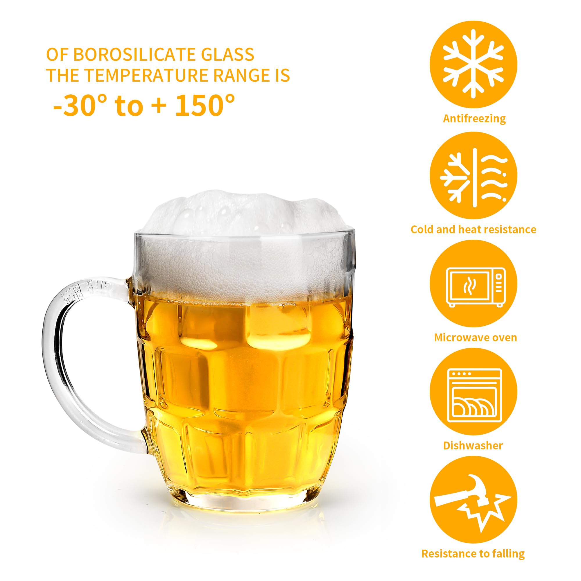 Lot de 6 tasses à bière en verre de 500 ml avec poignée | Tasse à bière pour congélateur, verres transparents pour bières, jus, boissons, thé, bar, maison