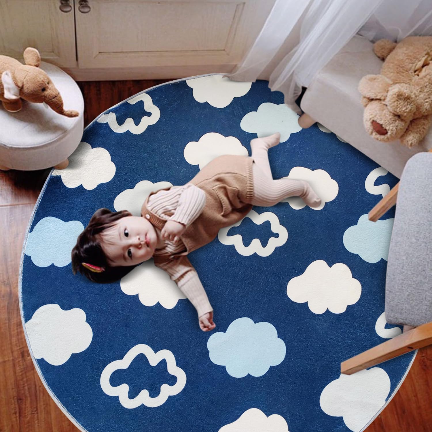 Poowe Lovely Clouds Round Kids Rug 3.3ft,Washable Non-Slip Living Room Carpet Vivid Clouds Accent Soft Low Pile Throw Mat Indoor Low Pile Nursery Rug for Bedroom Playroom Décor