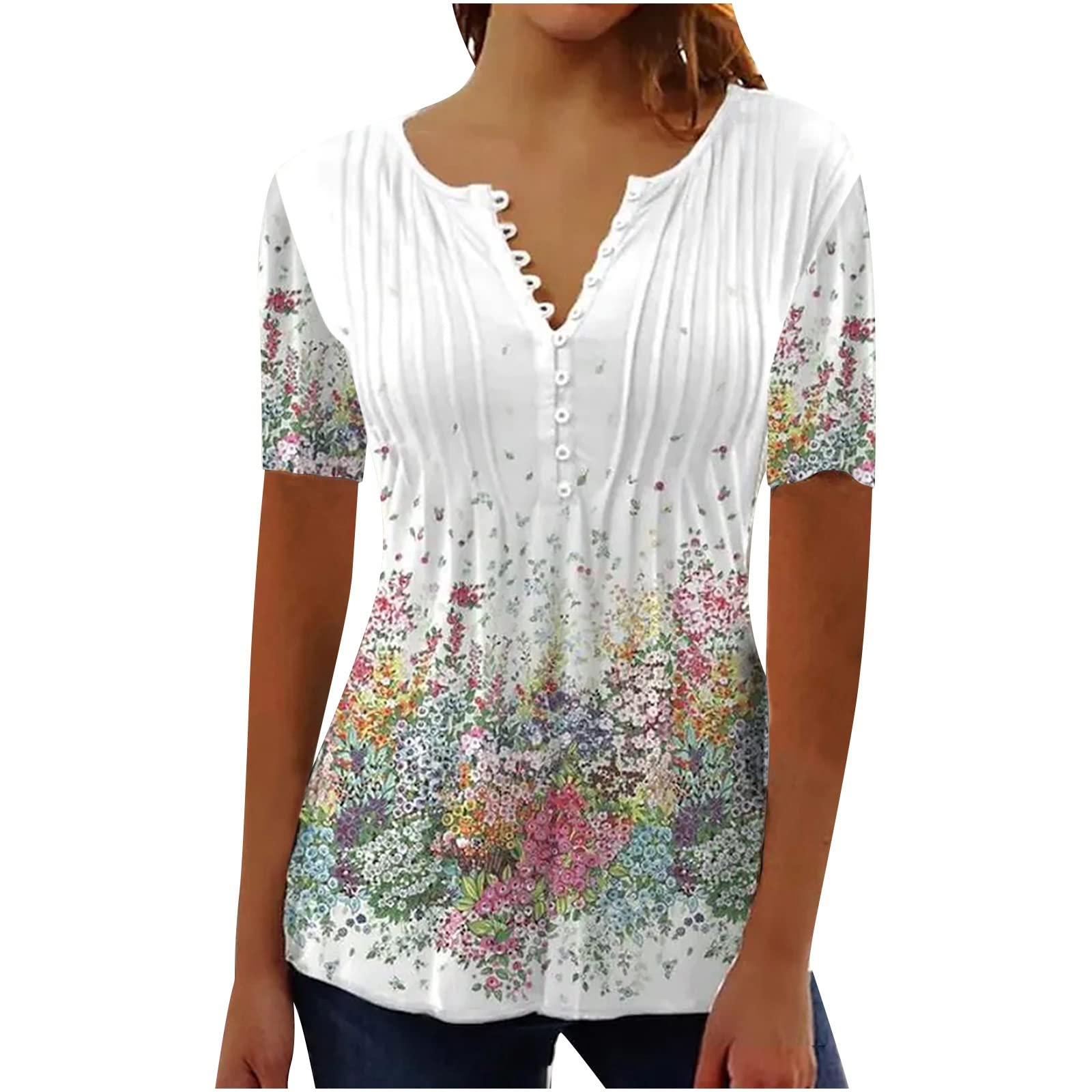 Yoloke Lightning Deals of Today 2023 Womens Tops Dressy UK Casual Short Sleeve Hide Belly Shirts Summer Pleated Button V Neck T-Shirt Sale Clearance Ladies Floral Tunic Tops