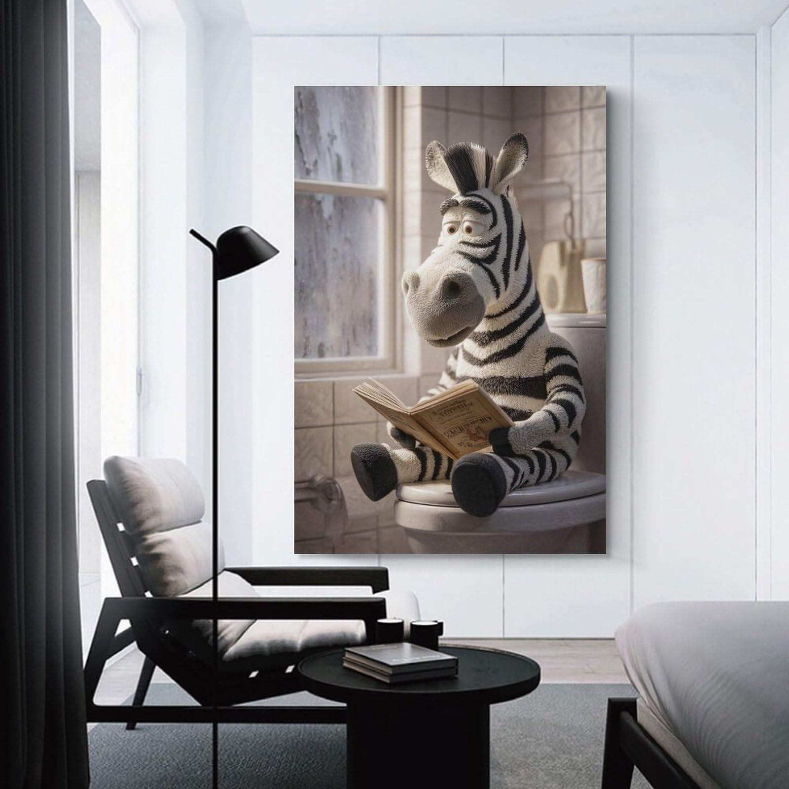 Junmoney Wall Decor Canvas Print Zebra Reading on Toilet, 24x36inch(60x90cm), for Study, Office Or Apartment Decor, Canvas Artwork with Gifting Potential