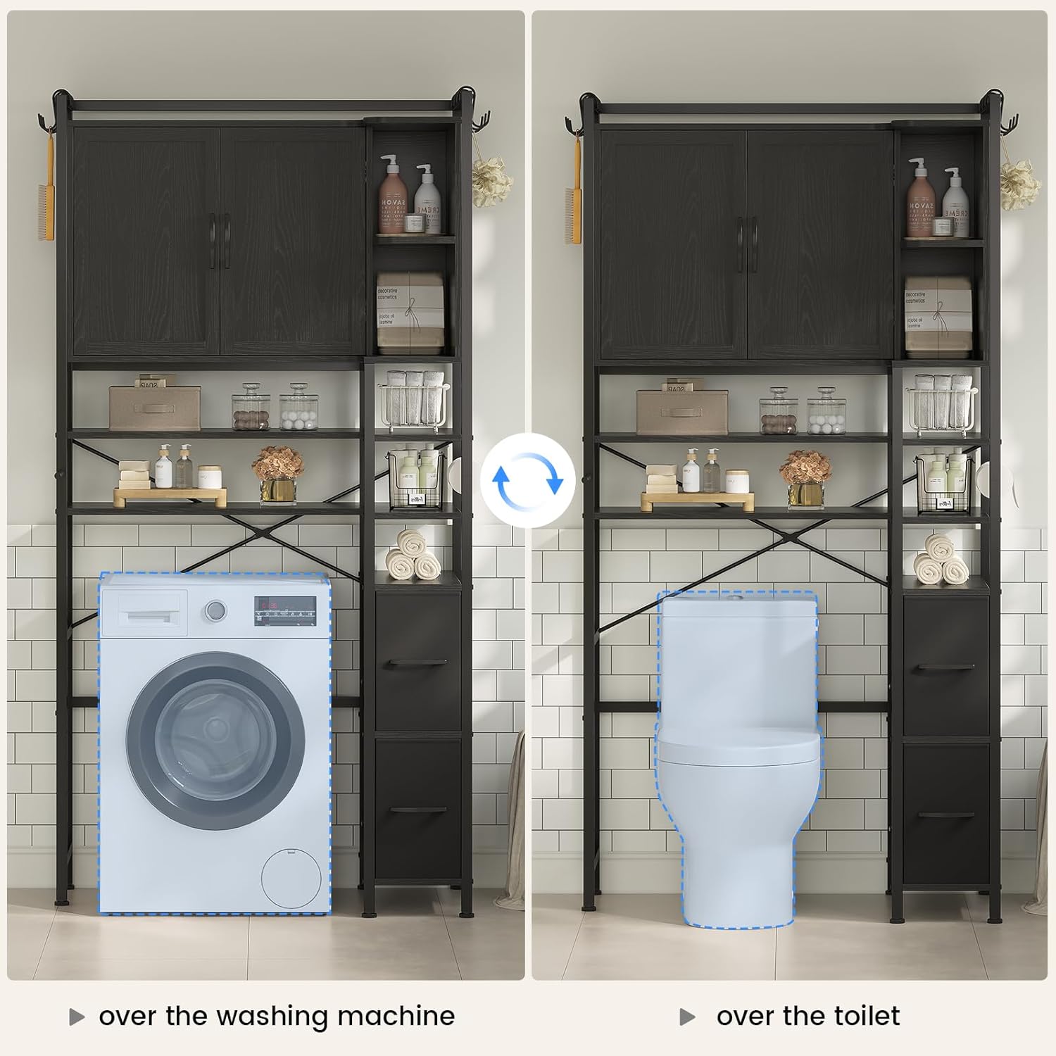 8-Tier Over The Toilet Storage Cabinet with 2 Large Drawers & Metal Stand, Bathroom Storage Cabinet with Toilet Paper Holder, Over Toilet Bathroom Organizer for Bathroom, Laundry Room, Black - Image 6