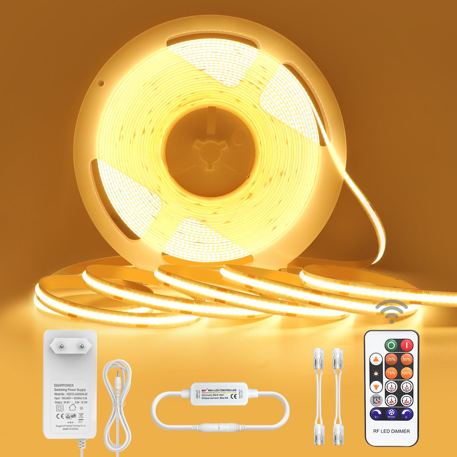 10m COB LED Streifen Kaltweiß – 6000K, Dimmbar Per Fernbedienung, 2x 5m Rollen Mit Netzteil – Für Heimdekoration