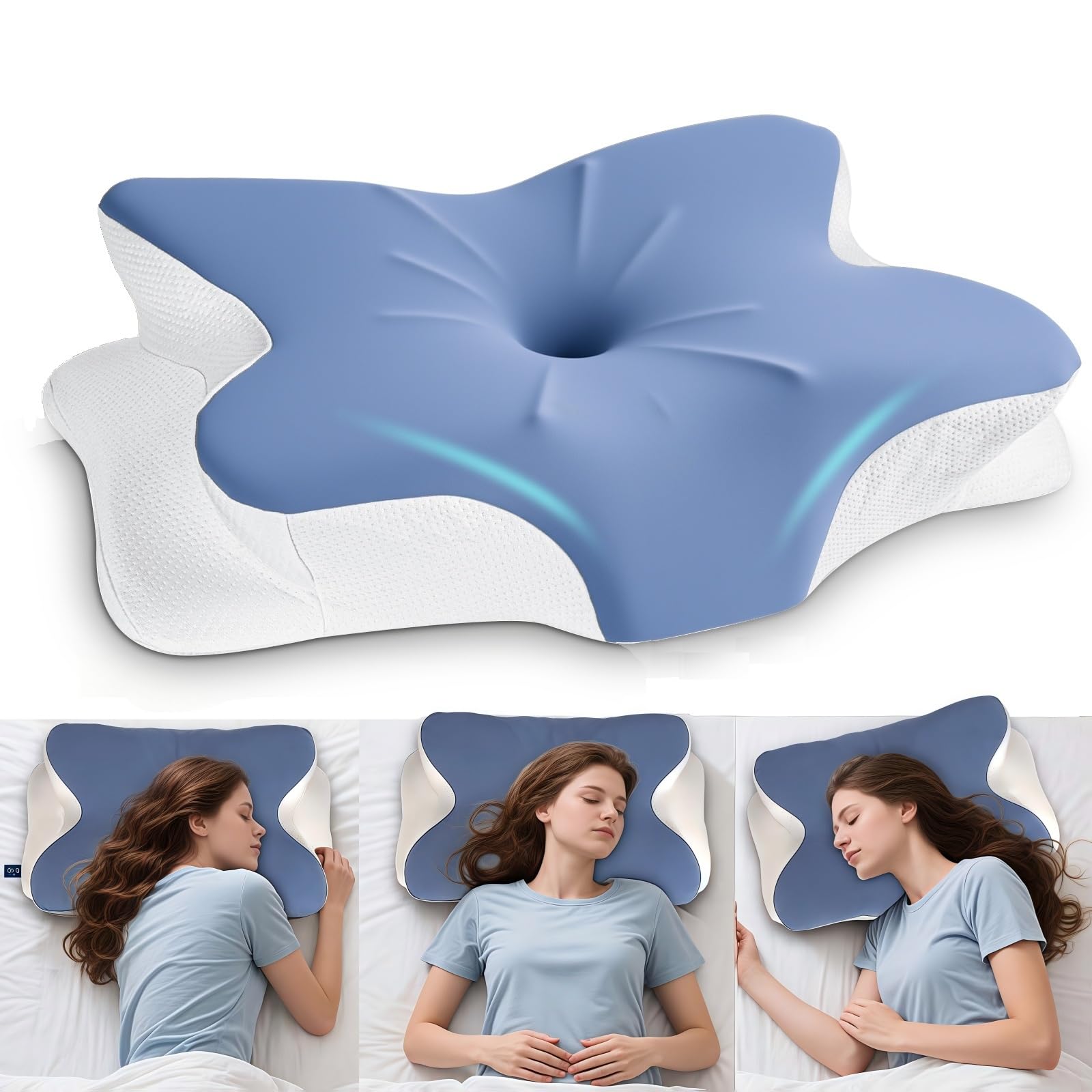 Poduszka ortopedyczna, 2 w 1, poduszka podpierająca kark i ramiona, łagodzi ból, ergonomiczna poduszka pod głowę do spania na boku, brzuchu i plecach (niebieska)