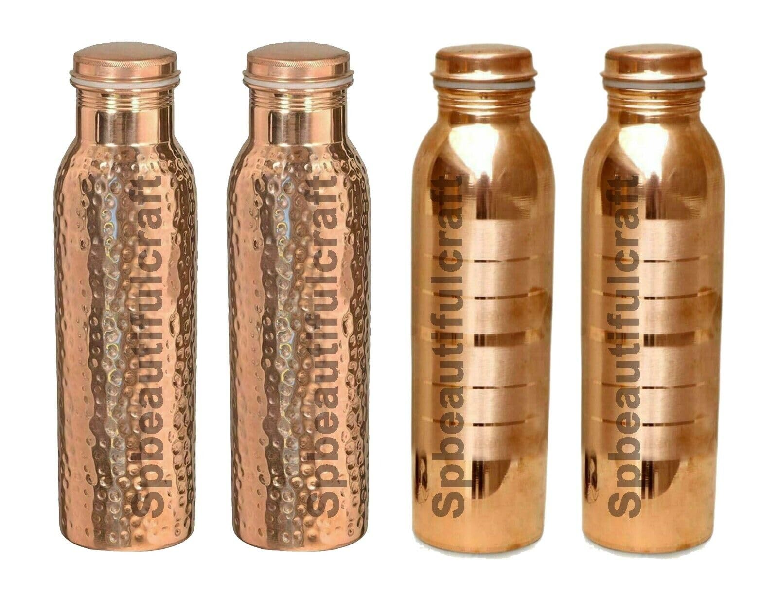 Handmade Copper Water Bottle 2 Hammered 2 Silver touch Combo Water Drinking Vacuum Flasks Pitcher Tumbler For Ayurveda Health Benefits, Set Of 4