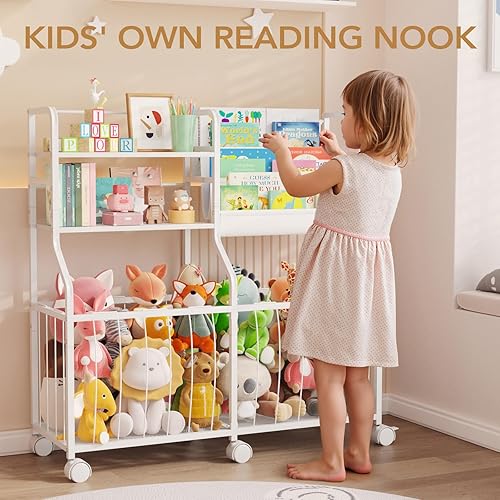 Miniatura 5 de BBLIKE Organizador de almacenamiento de animales de peluche, estantería rodante para niños y almacenamiento de juguetes con exhibición de libros de