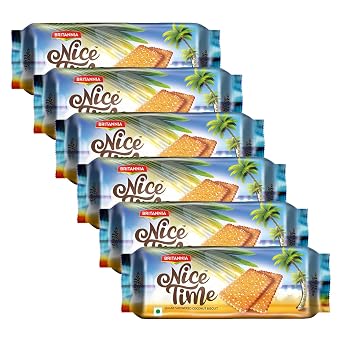Britannia Nice Time 5.29oz 150g - Delicious Coconut Biscuit Crunchy - Kids Favorite Breakfast & Tea Time Snacks Pack of 6