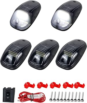 5PCS Smoked Cab Marker Light Roof Clearane White LED Running Top Marker Lights Assembly with Wire Harness Compatible with Doge Ram 1500 2500 3500 4500 5500 Pickup Trucks 2003-2018