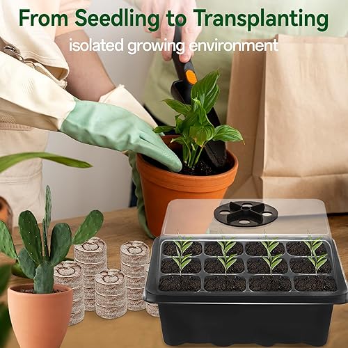 Miniatura 5 de Halatool Paquete de 8 bandejas de inicio de semillas con 100 pellets de turba, 96 celdas de germinación de plantas negras para semillas orgánicas,