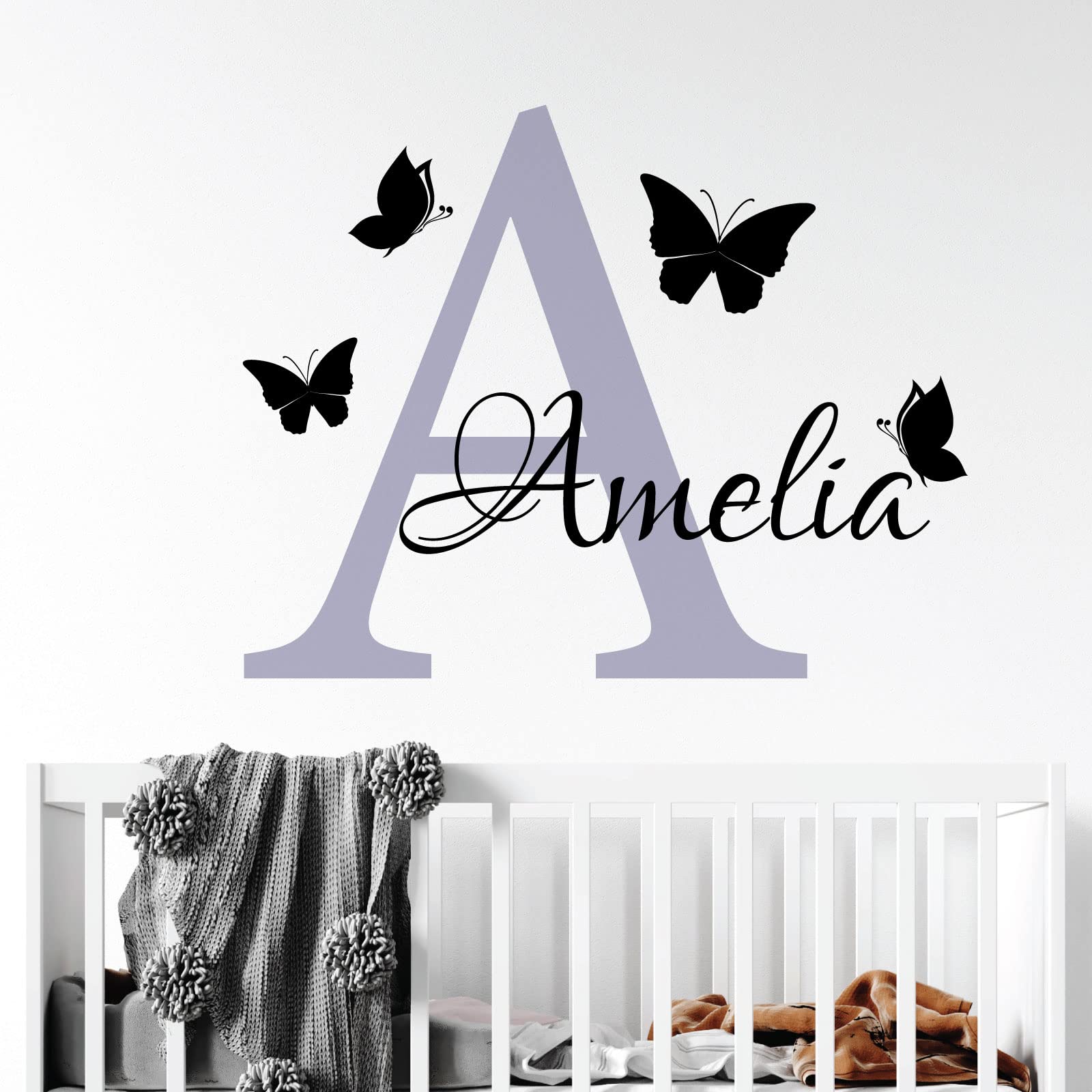 Personalised Name - Initial Letter and Butterflies - Baby Nursery Vinyl Wall Decal Sticker [Medium] [Light Grey] — image 1