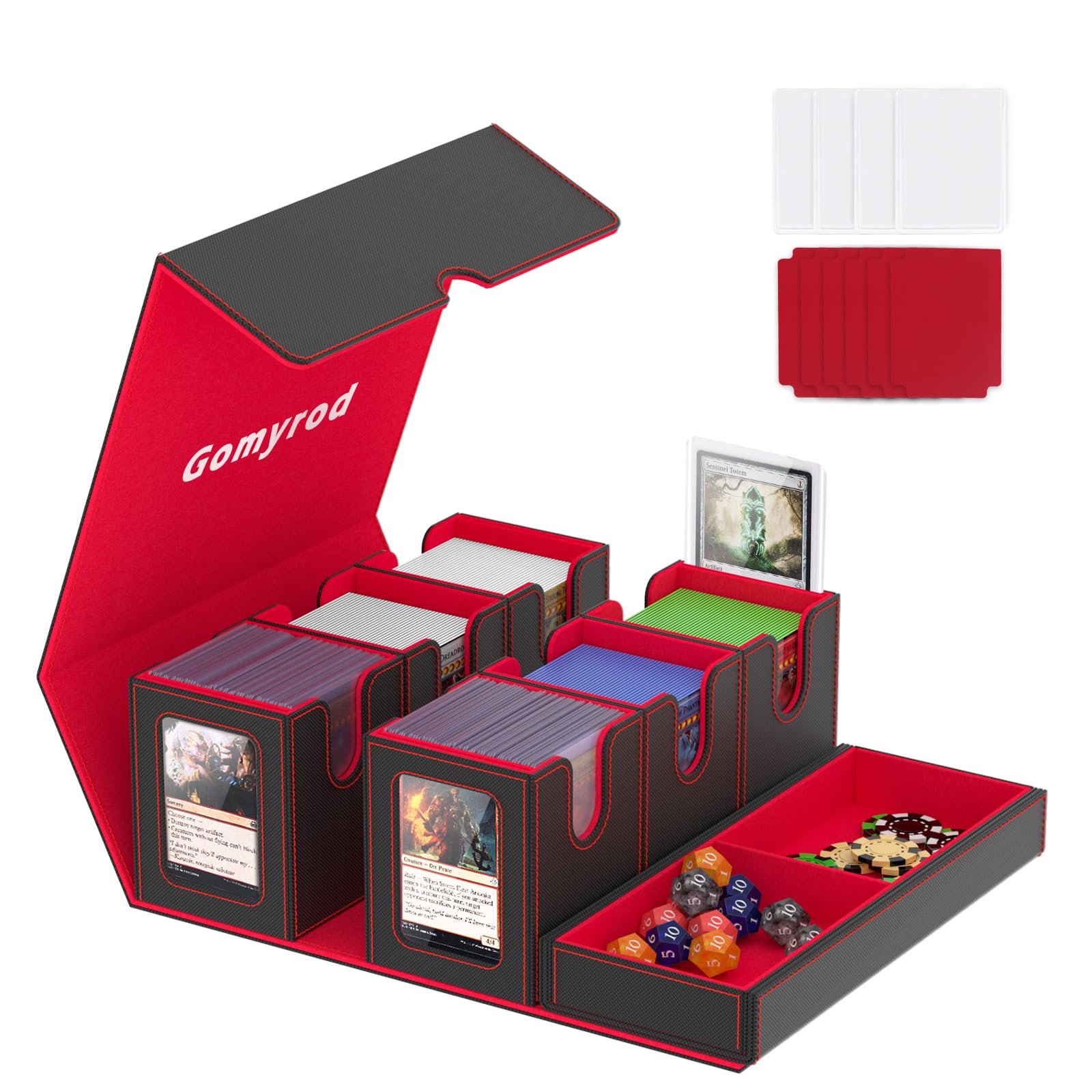 Gomyrod Card Deck Box with 4 Commander Display & Dice Tray (Black & Red)