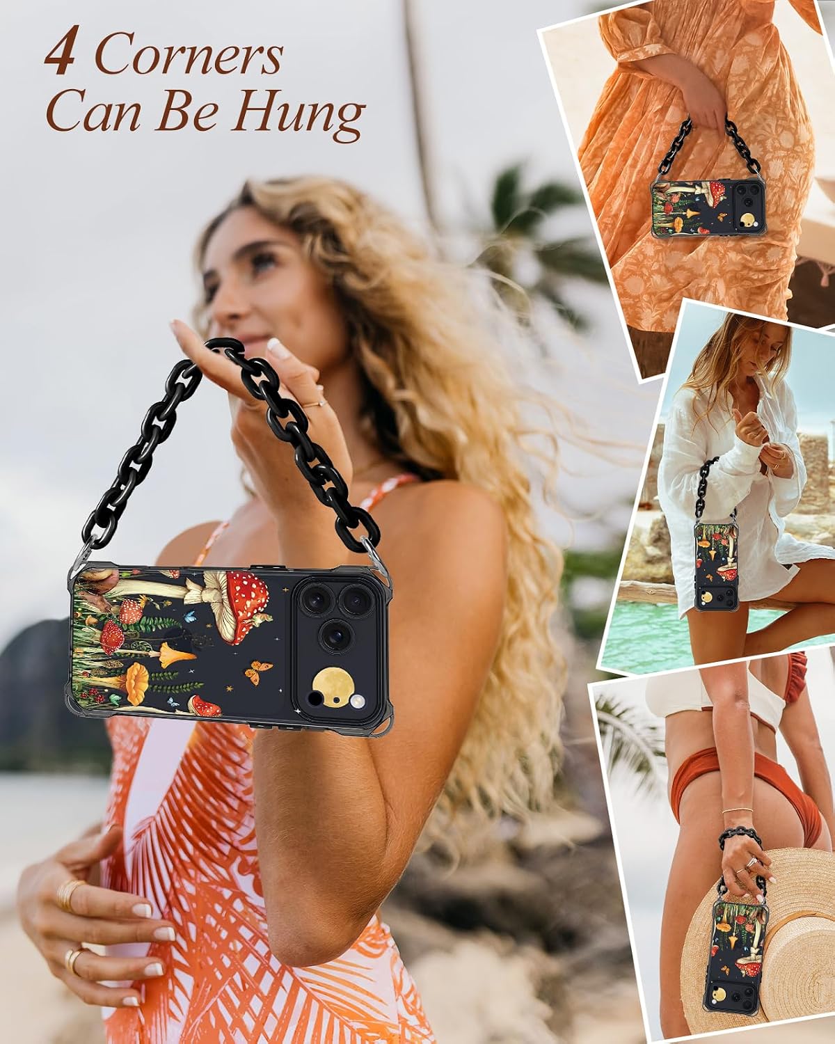Toycamp for iPhone 17 Pro Max Case with Strap for Women - Cute Funny Girls Girly Fashion Mushroom Moon Design Case with Wrist Lanyards Four Corners Flexible Hang Style image 3
