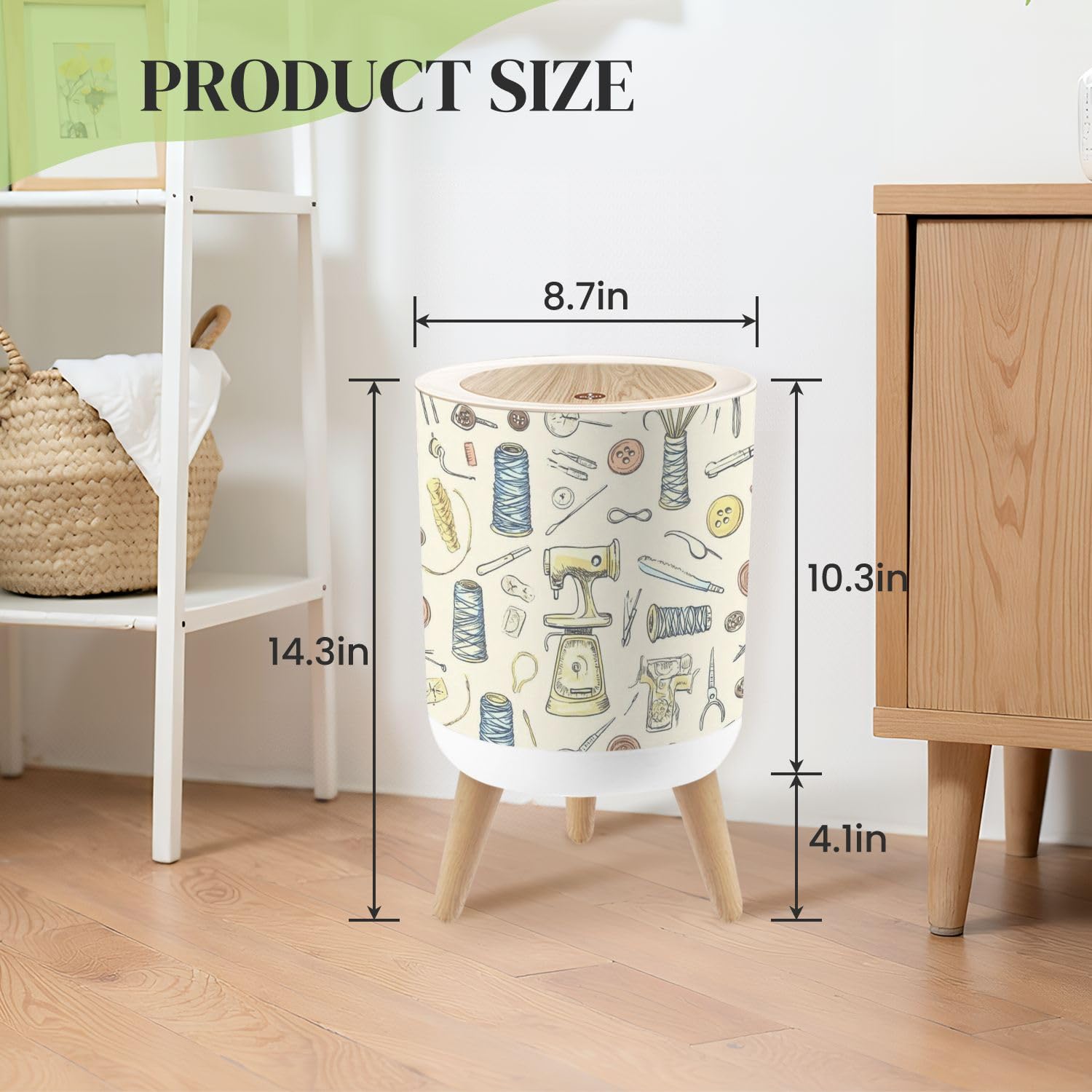 Small Trash Can with Lid Seamless hand drawn vintage sewing tools Sew machine scissors Round Press Top Garbage Can with Legs Trash Bin Waste Basket for Kitchen Bedroom Bathroom 7L/1.8 Gallon
