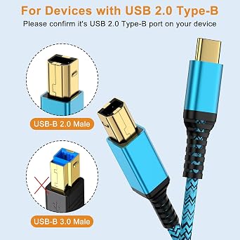 USB B to USB C Printer Cable Nylon Braided 6FT Type C to MIDI Cable, Blue