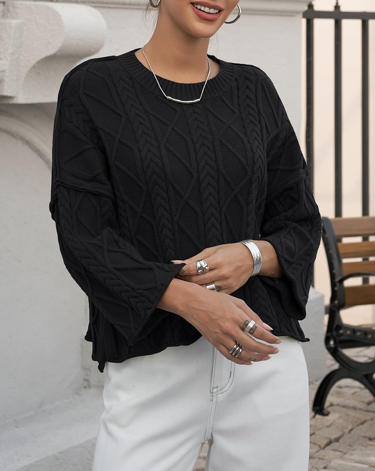 UNCLECAT Women's Cable Knit Cropped Sweaters Oversized Fall Sweater Long Sleeve Knit Trendy Pullover Tops - Image 3