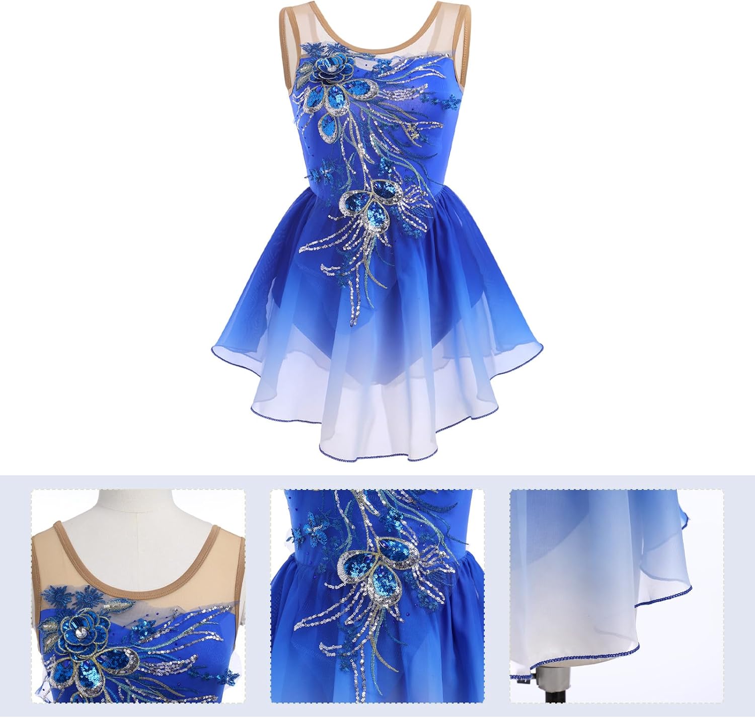 Figure Skating Dress for Women Ice Skating Costume Shiny Sequins Flower Dance Leotard Gradient Chiffon Flowy Skirt