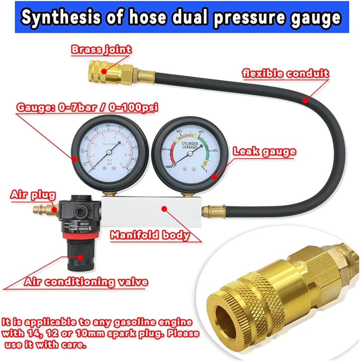 TU-21 Cylinder Leak Tester Compression Leakage Detector Set Double Gauge Petrol Engine Leakdown Detection Test Automotive Tools(No Box)