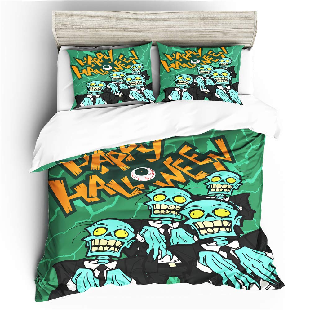 Odot Skull 3D Halloween Bedding Duvet Cover Set, Bedding Easy Care Microfiber Anti-Allergic Soft & Smooth With Pillow Cases Duvet Cover Pillowcases (Single 3Pcs-135X200cm,)