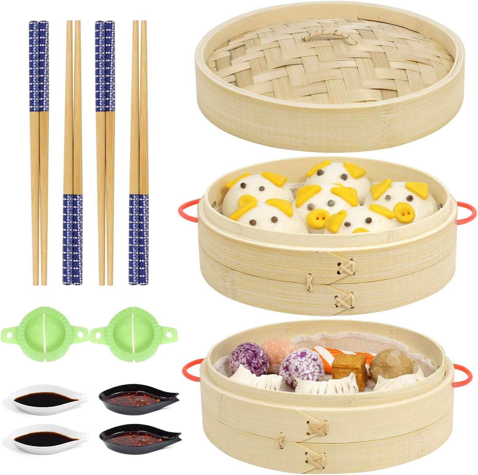 8-Inch Bamboo Steamer - 2 Tier Cooking Basket with Handles, for Dumpling Dim Sum Bao Bun Rice Vegetables Meat & Fish Chinese Food, Includes 2 Cotton Liners, 2 Dumpling Molds, 4 Pairs Chopsticks & 4 Sauce Dishes