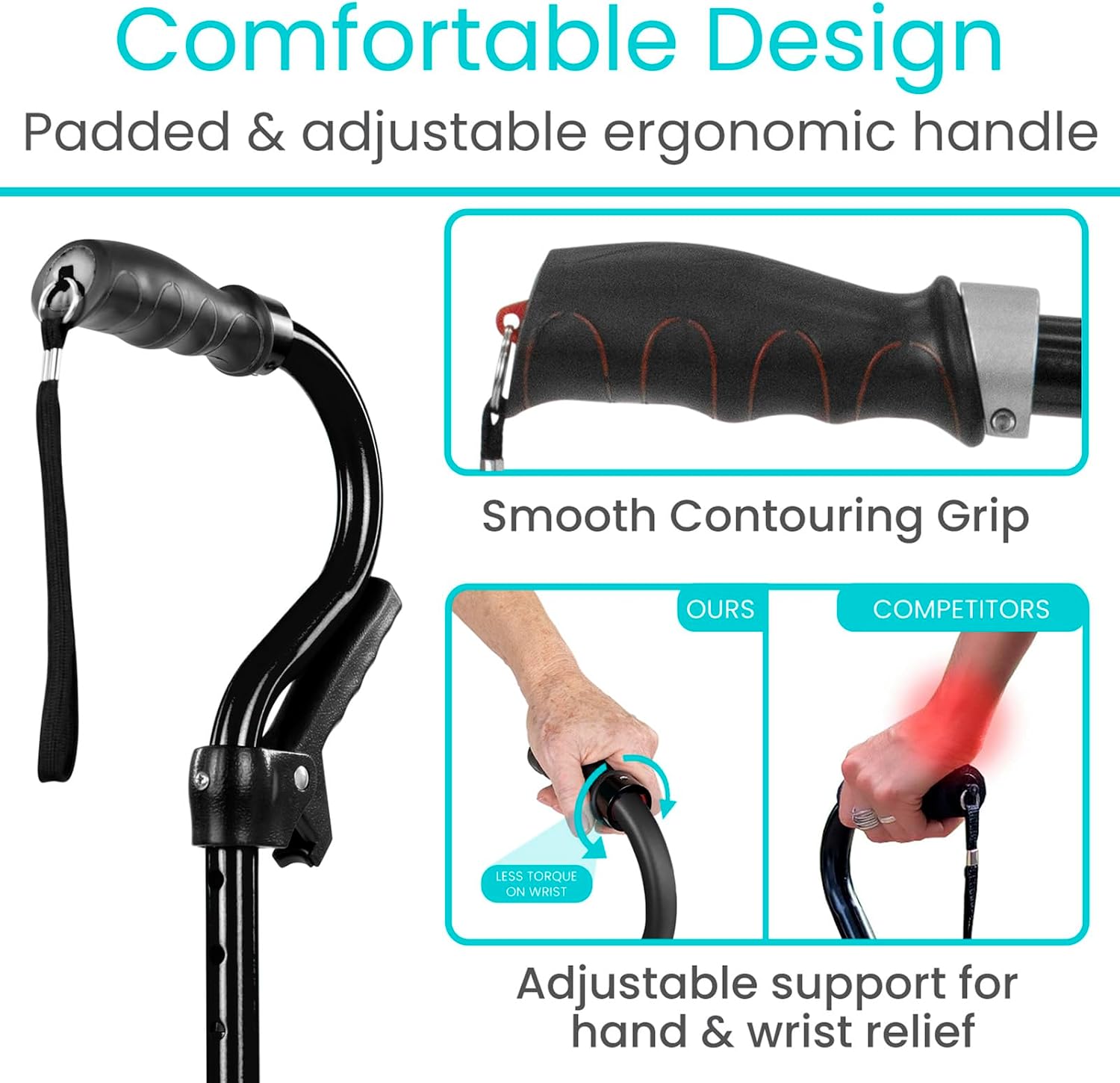 Vive Quad Canes - 4 Prong Folding Cane with Extra Handle for Men, Women & Seniors - Walking Sticks, Adjustable & Lightweight - Upright Offset Aid for Balance Support for Elderly, Handicap & Disabled
