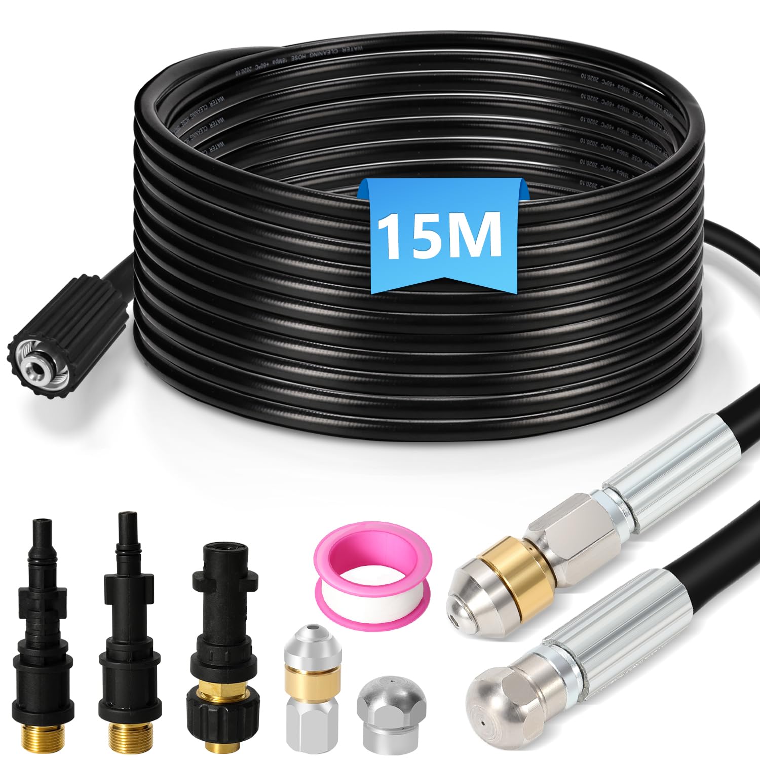 Lospitch Rohrreinigungsschlauch 15 m Set für Kärcher K2 K3 K4 K5 K6 K7 HD Hochdruckreiniger, 160 bar, mit 2 Adaptern und 2 Düsen, starr + rotierend, 1/8 Anschluss, Rohrreinigungsset
