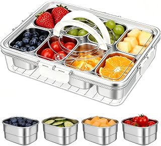 Snack Box mit 8 Fächern aus Edelstahl, Tragbar Snackschale mit Griff