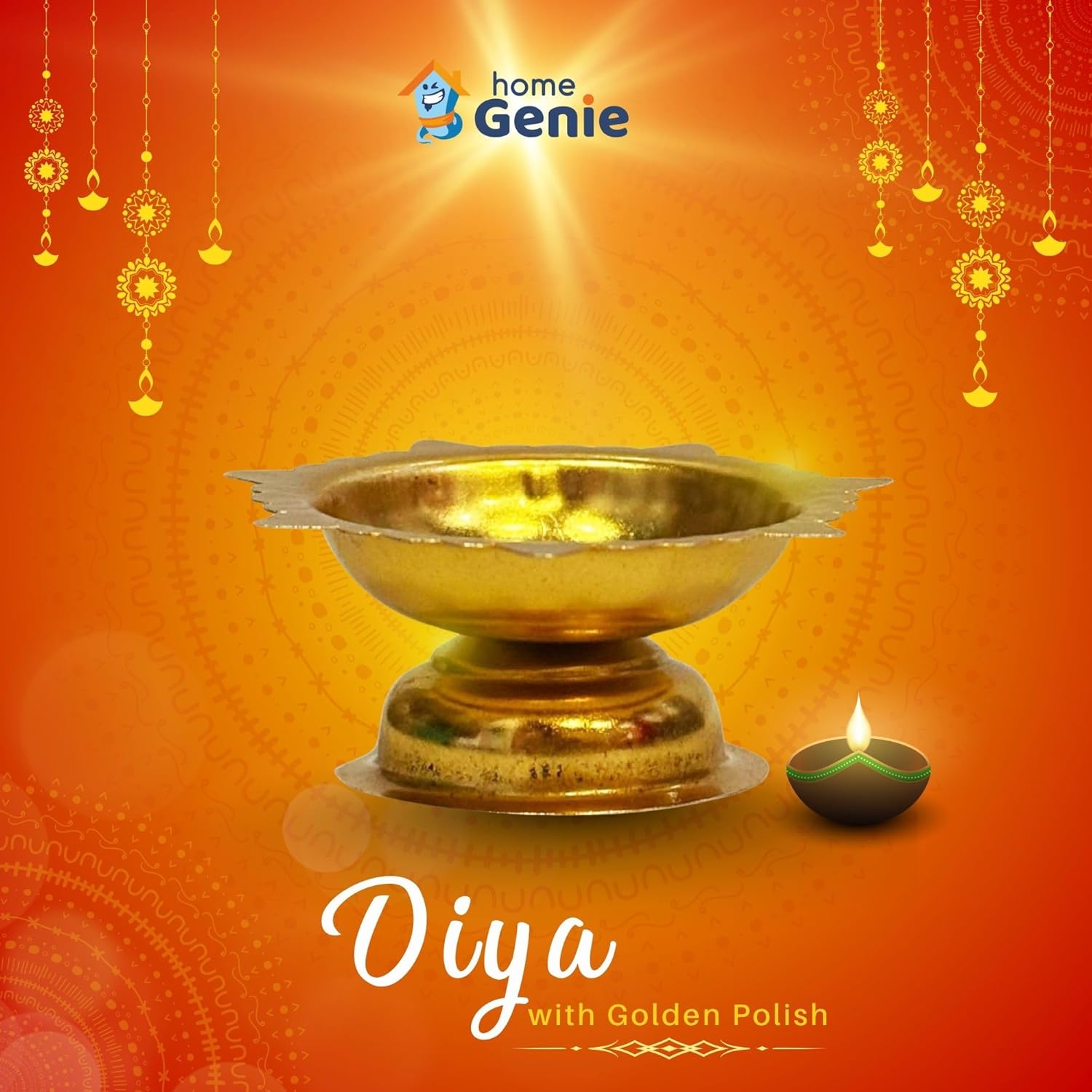 Home Genie Brass Pooja Thali Set with Golden Polish | Complete Hindu Puja Kit with Plate, Kalash, Diya, Bell, Spoon & Incense Holder | Gift Box for Temple & Festivals