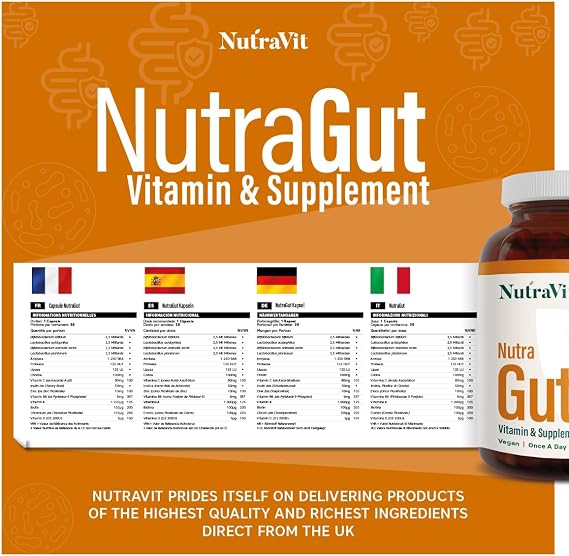 NutraGut - Digestive and Gut Support - with 10 Billion Probiotic Cultures, 3 Digestive Enzymes: Amylase, Protease & Lipase - with Vitamins & Minerals - NutraVit, 30 Capsules