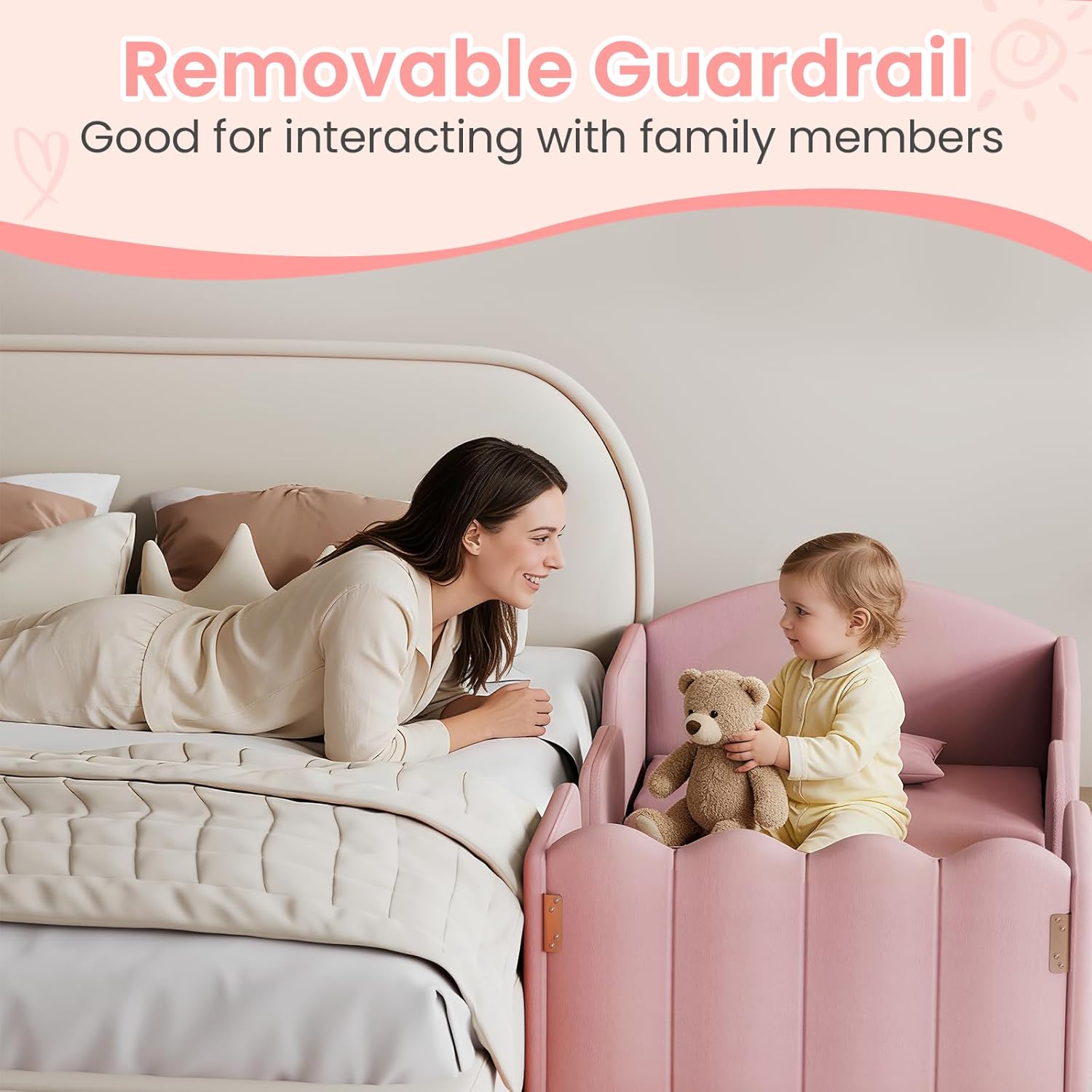 EROMMY Toddler Bed, Child Bed for Kids with Extra Safety Broad, Standard Crib Size Toddler Bed, Certified Fabric Toddler Beds,Toddler Flood Bed No Mattress(Pink)