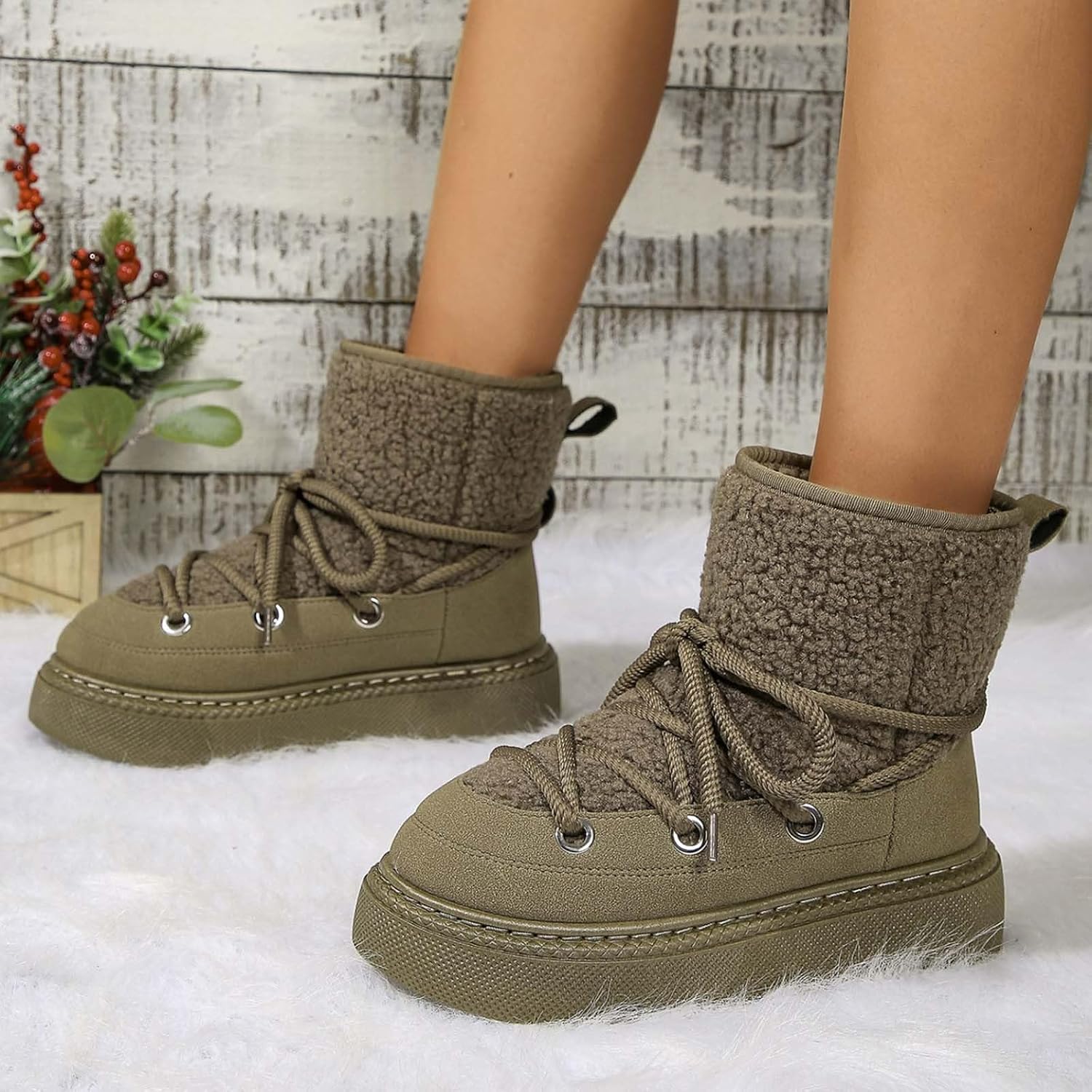 Winter Warm Fur Boots for Women:Fashion Lace up Ankle Booties Chunky Platform Non-slip Footwear Hiking Outdoor Snow Shoes