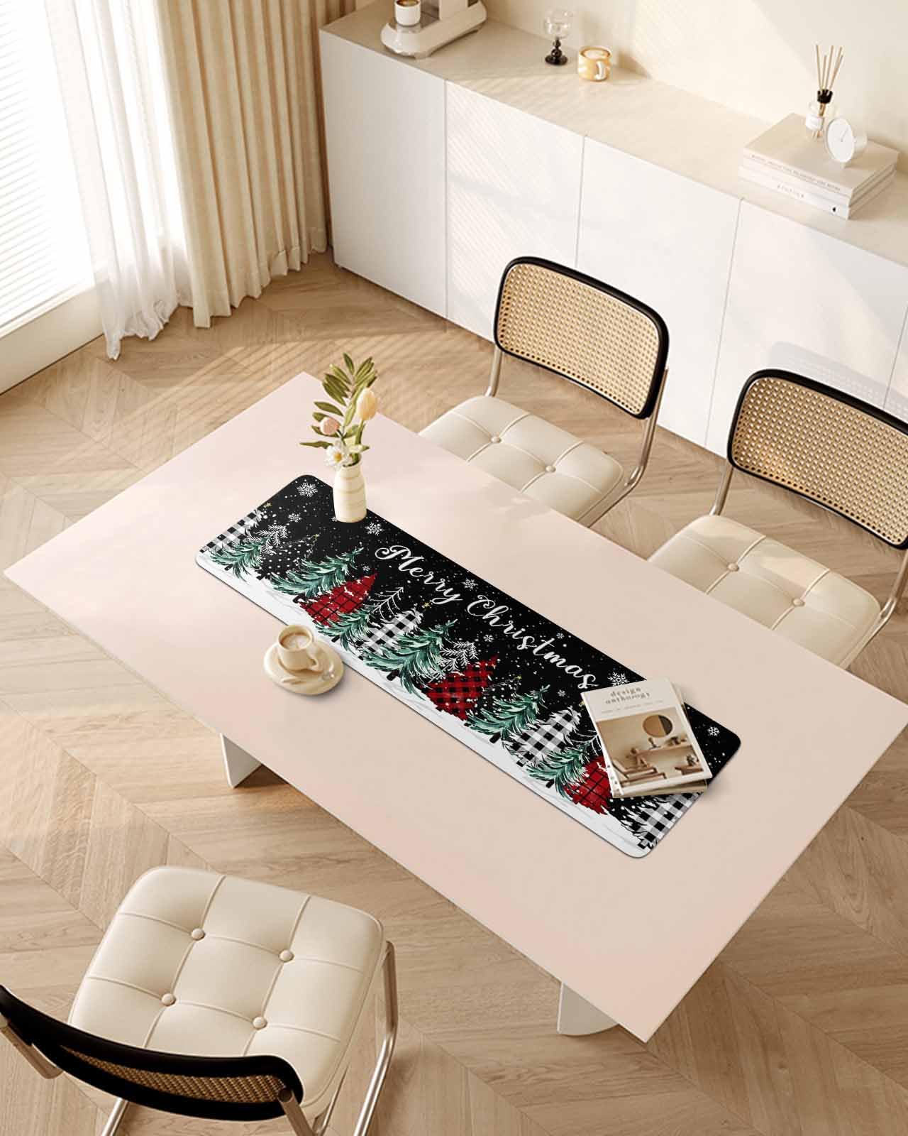 Debedcor Heat Proof Table Pads Waterproof Decorative, Black Christmas Tree Non-Slip Table Countertop Protector, Xmas Tree Snowflake Winter Insulation Mat for Dining Room, 48 x 12 Inches