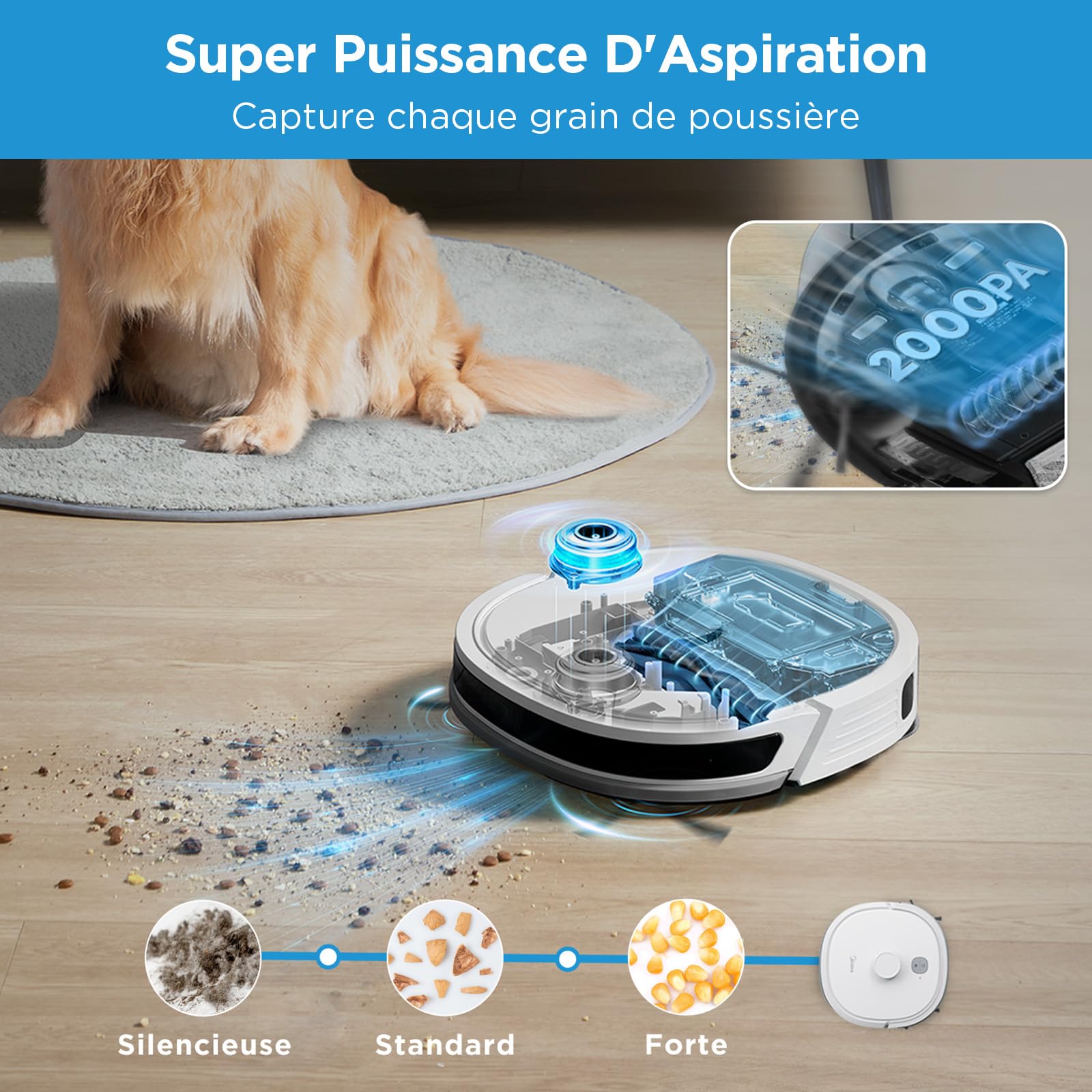 Midea M6 Aspirateur Robot Laveur Poils Animaux,Aspirateur Robot 2 en 1,Navigation LiDAR,140min d'Autonomie,2000Pa,Alexa/WiFi/APP/Télécommande Contrôlé,Idéal pour Les Poils d'animaux Tapis Sols Durs