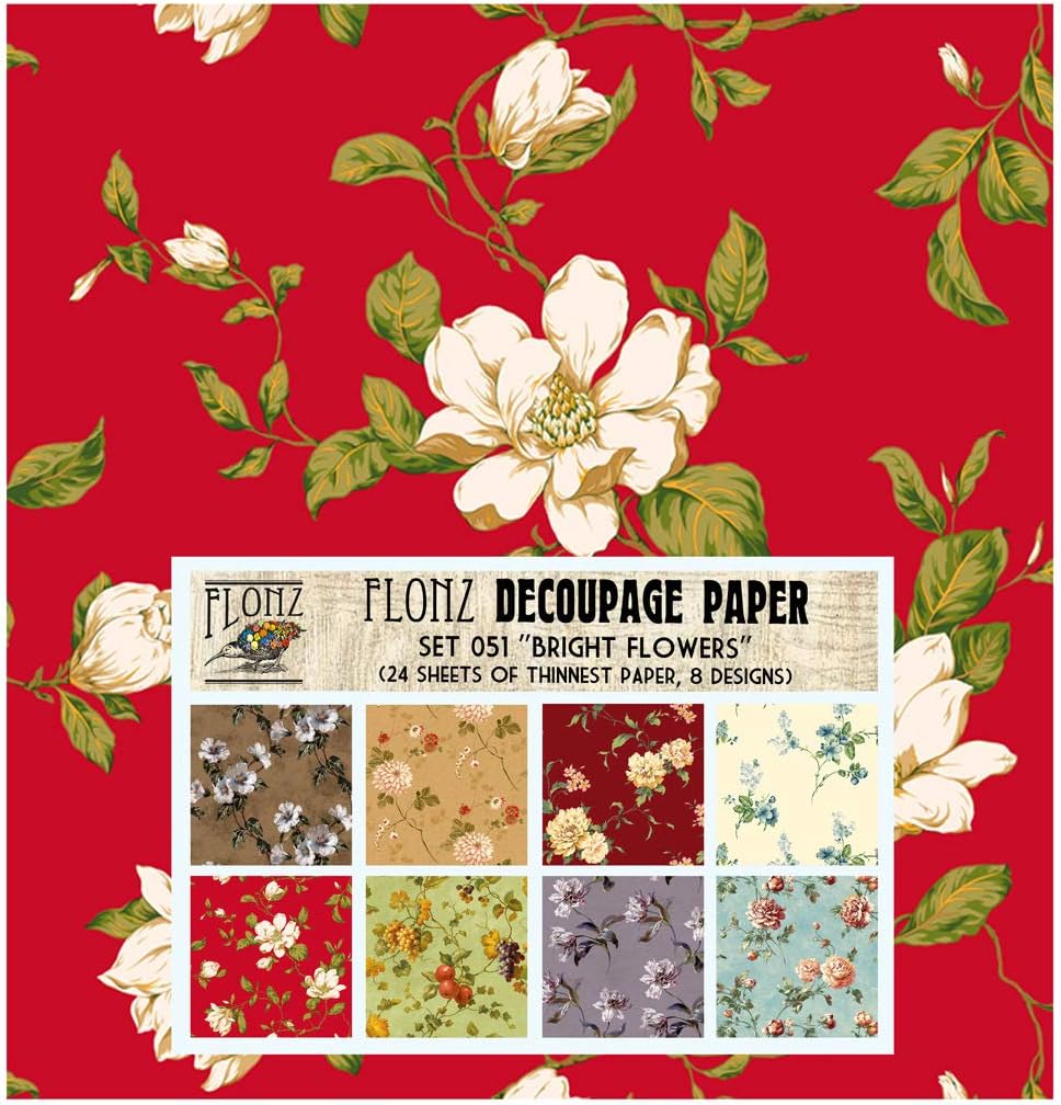 Decoupage Paper Pack (24 Sheets 6"x6") Bright Flowers FLONZ Vintage Styled Paper for Decoupage and Craft
