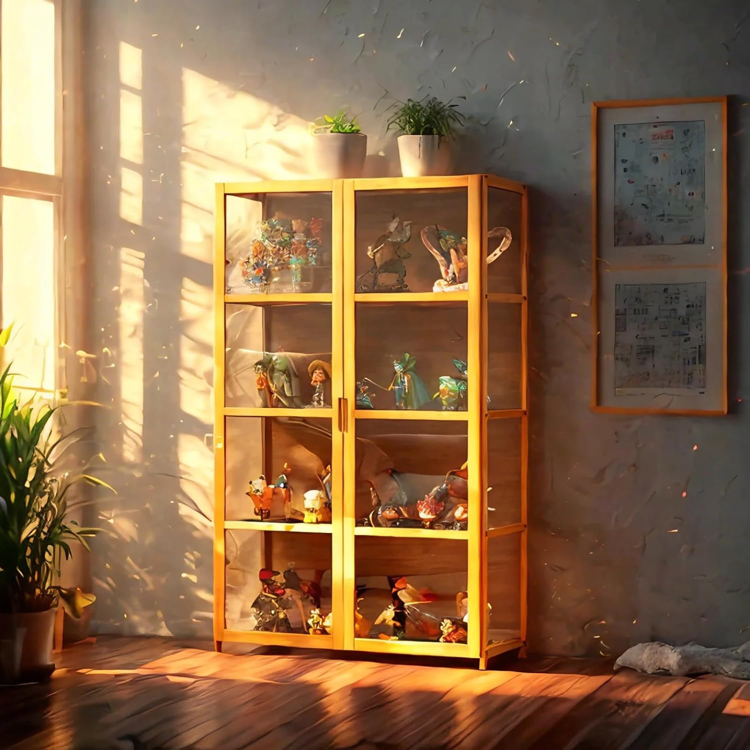 Small Display Cabinet with Acrylic Glass Doors, 4-Tier Curio Cabinet Figure Display Case Living Room Storage Cabinets with Doors and Shelves for Collectibles Toy,Tawny,Double Open Four Layer