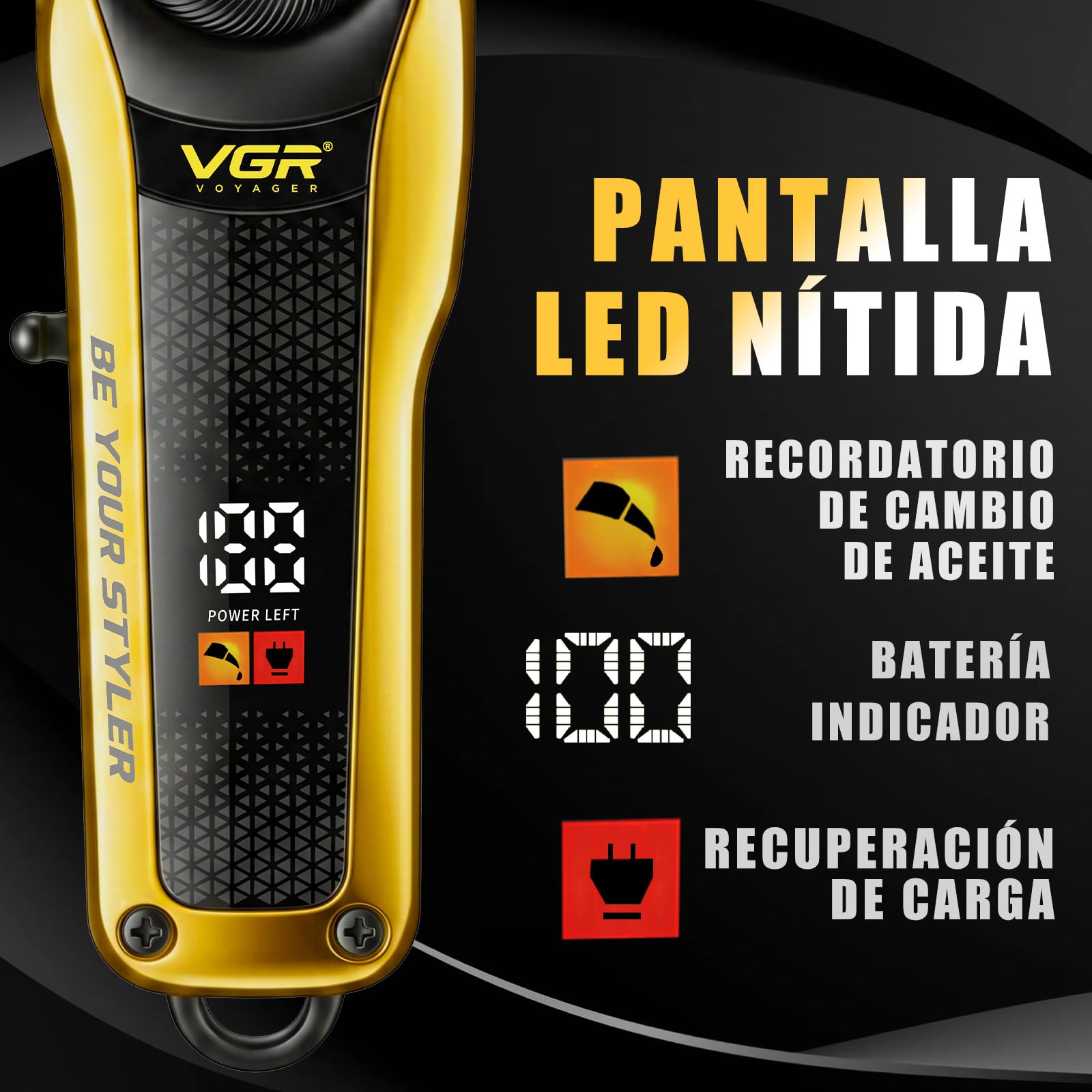 VGR 170 Maquina Cortar pelo Profesional, Palanca de Ajustable, Titanio | Recortadora Inalámbrica Para Hombre Con 2 Cubiertas Modulares, Cuchilla Con Recubrimiento De Titanio, Carga USB, Pantalla LED