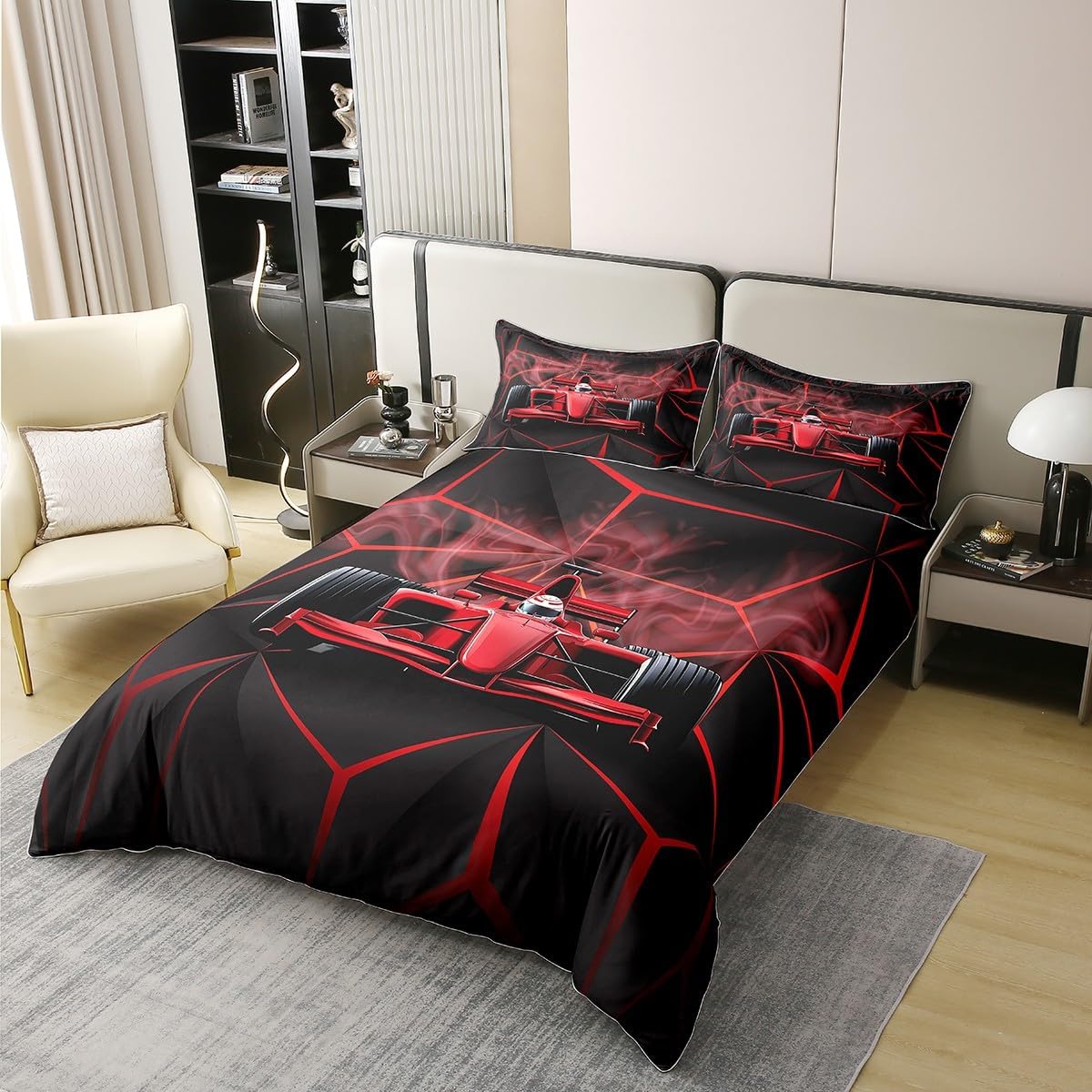 Race Car 100% Cotton Duvet Cover Twin Size Boys Speed Sports Car Comforter Cover for Kids Girls Teens Red Black Bedding Set Breathable Extreme Sports Bedroom Decor Bedclothes