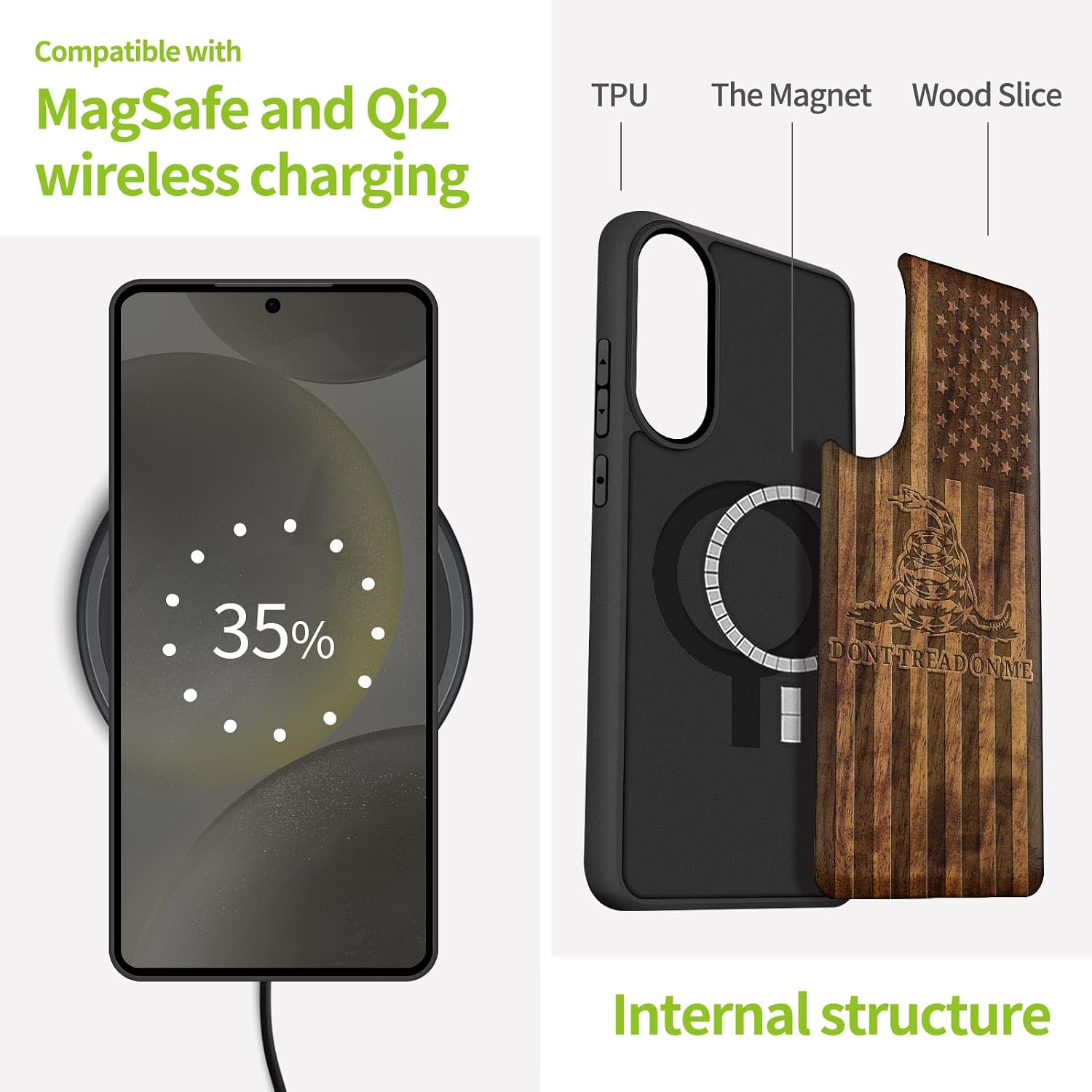 Carveit Magnetic Wooden Case for Samsung Galaxy S25 Edge Case 2025, TPU Shockproof Cover & Wood Artisan Engraved, Compatible with MagSafe Wireless Chargers (Gadsden and American Flag) Walnut