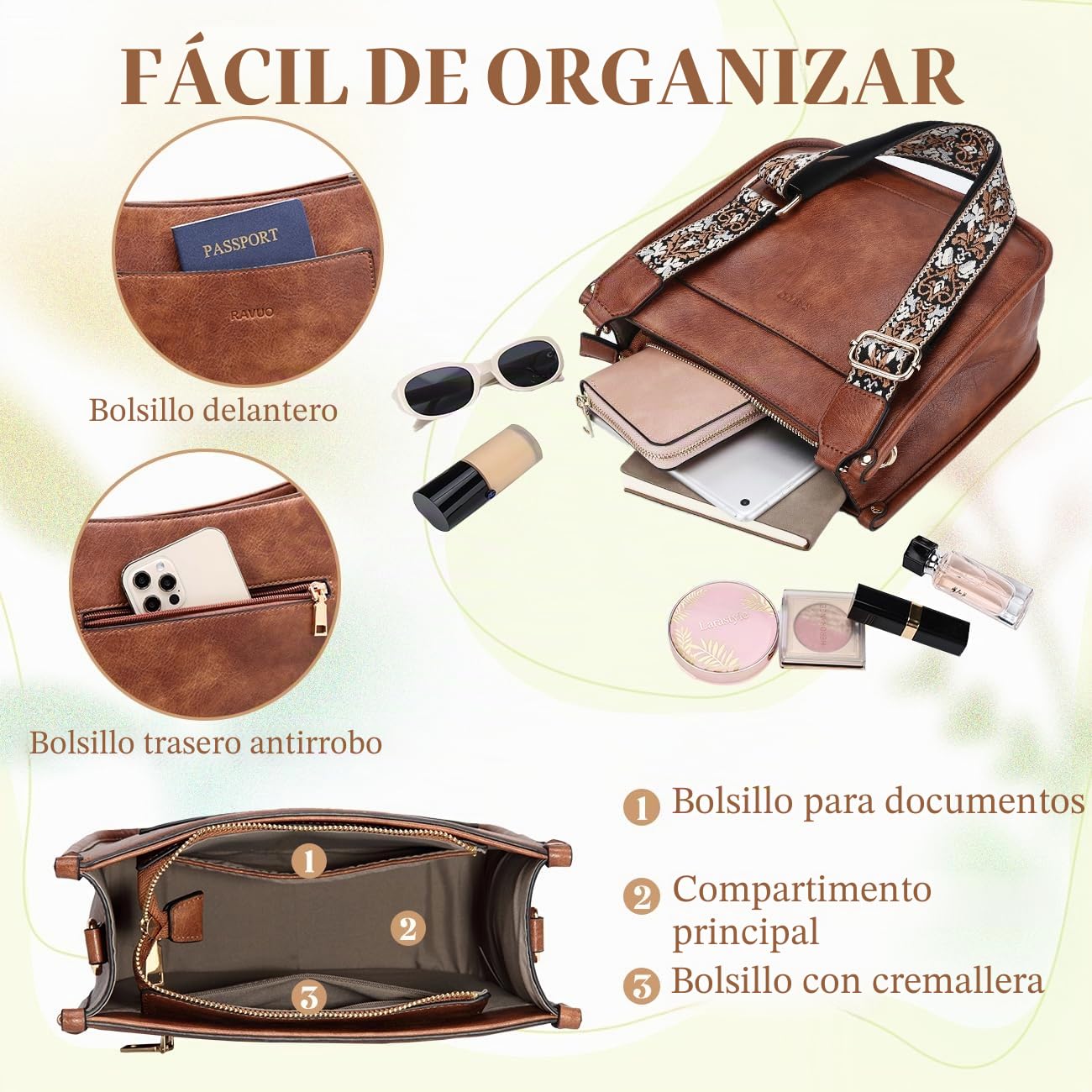 RAVUO Bolso Mujer, Grande Bolso Bandolera Mujer de Cuero Pu Bolso Cruzado Bolso Hombro Piel con 2 Correas Ajustable para Diario Viaje