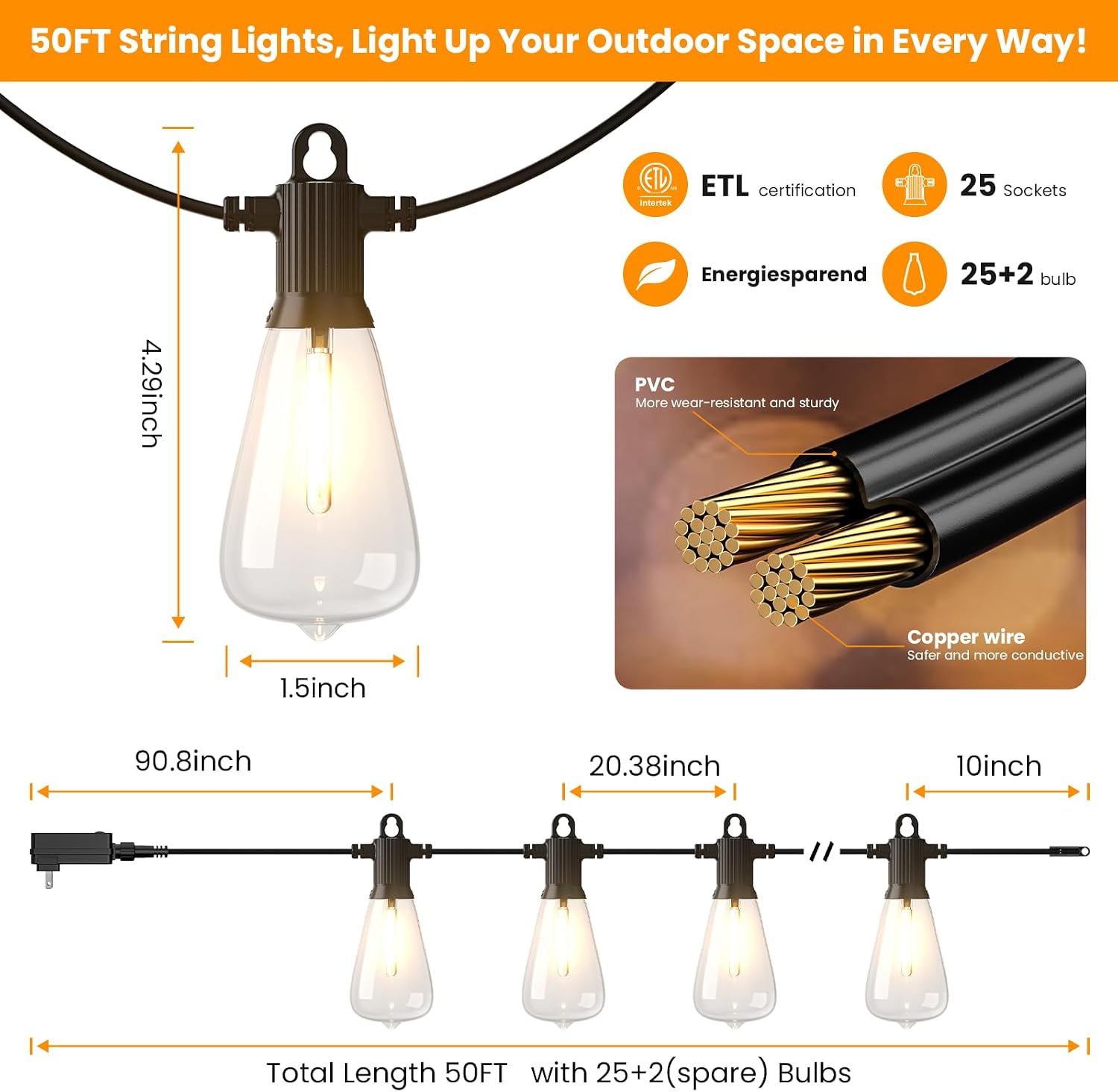 Kawaya Outdoor String Lights for Patio - ST38 Outside IP65 Waterproof Hanging Light with 2700k~6000k Dimmable - 50FT Led Edison Lights for Cafe Bistro Yard Gazebo Porch